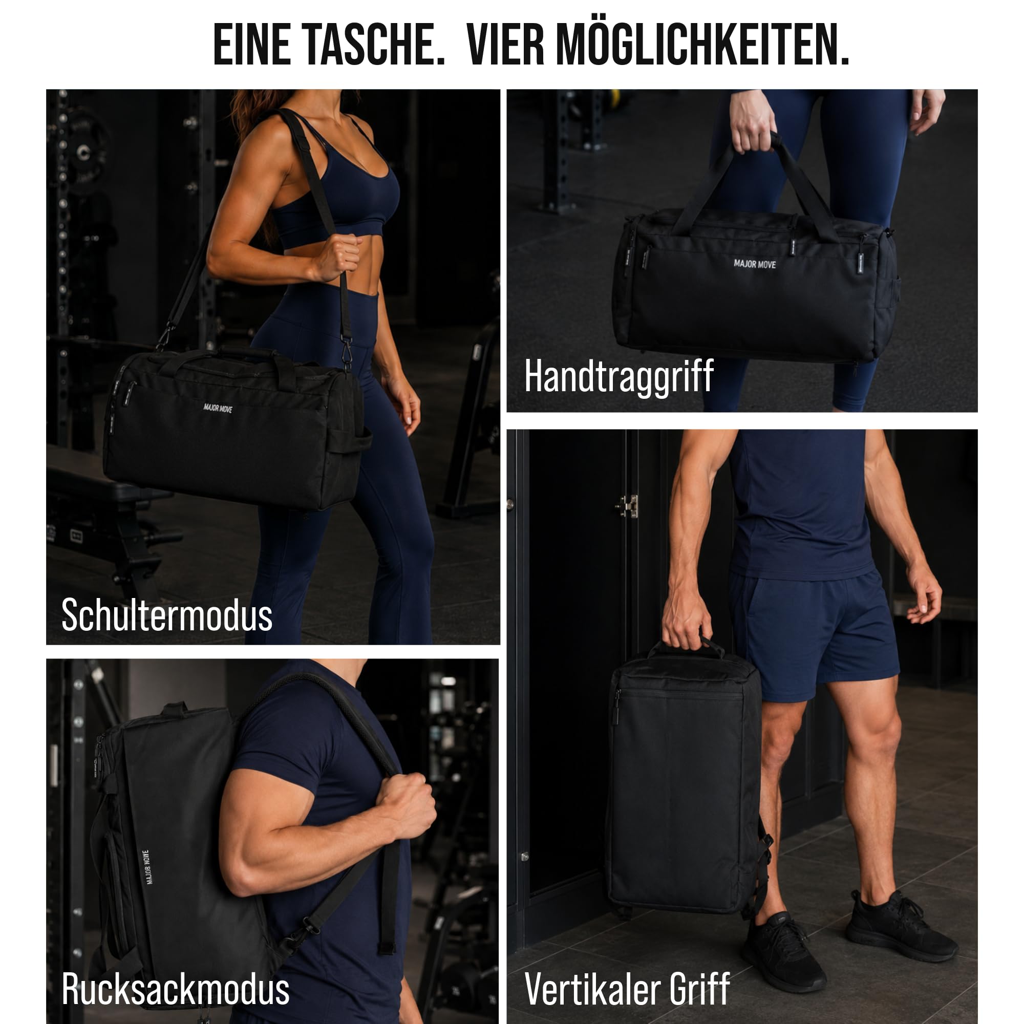 Major Move Sporttasche mit vertikalem Schuhfach, Nassfach, Rucksackfunktion | 41 L Trainingstasche mit Top-Zugang zum Schuhfach, Trennwand, 4 Tragearten, Koffer-Sleeve, formstabil und wasserabweisend