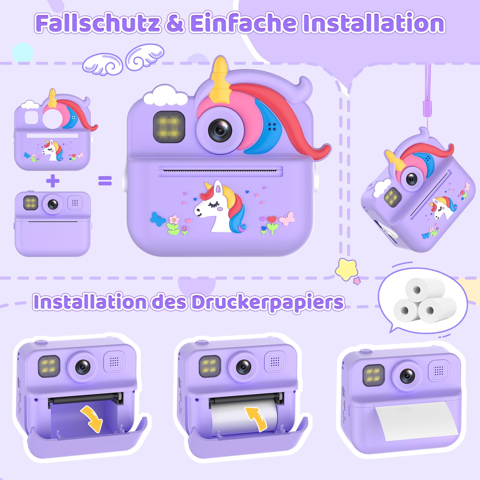 Fippesax Sofortbildkamera Kinder, 1080P HD Kinderkamera Sofortbildkamera mit 32-GB-Karte, 48MP Selfie Kamera Kinder Sofortdruck, Kinderspielzeug Geschenke für Mädchen & Jungen von 3-12 Jahren