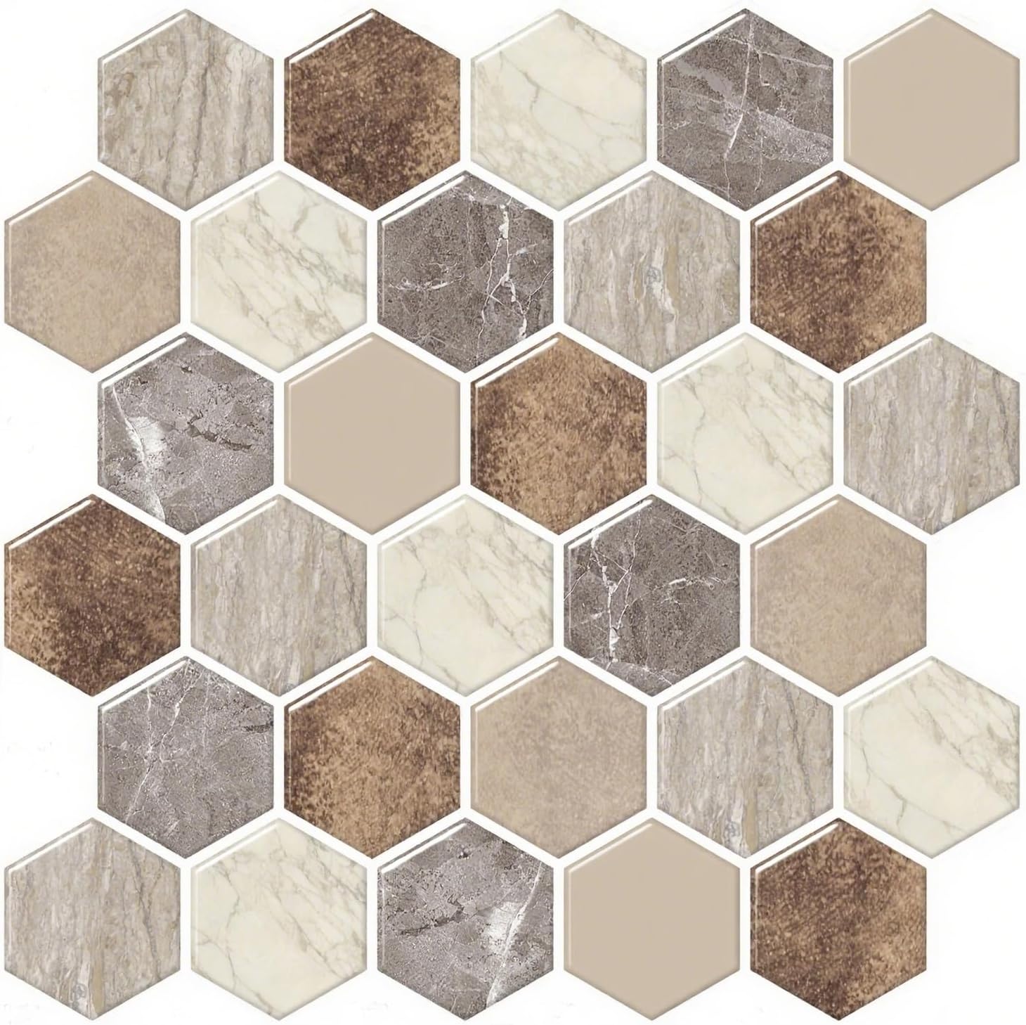 Peel and Stick Backsplash Tile Hexagon Marble 12''x12'', Kitchen Wall Tile Self-Adhesive Brown Gray White Granite Look,10-Sheet Waterproof Heat Resistant 3D Vinyl Backsplash for Bathroom Living Room