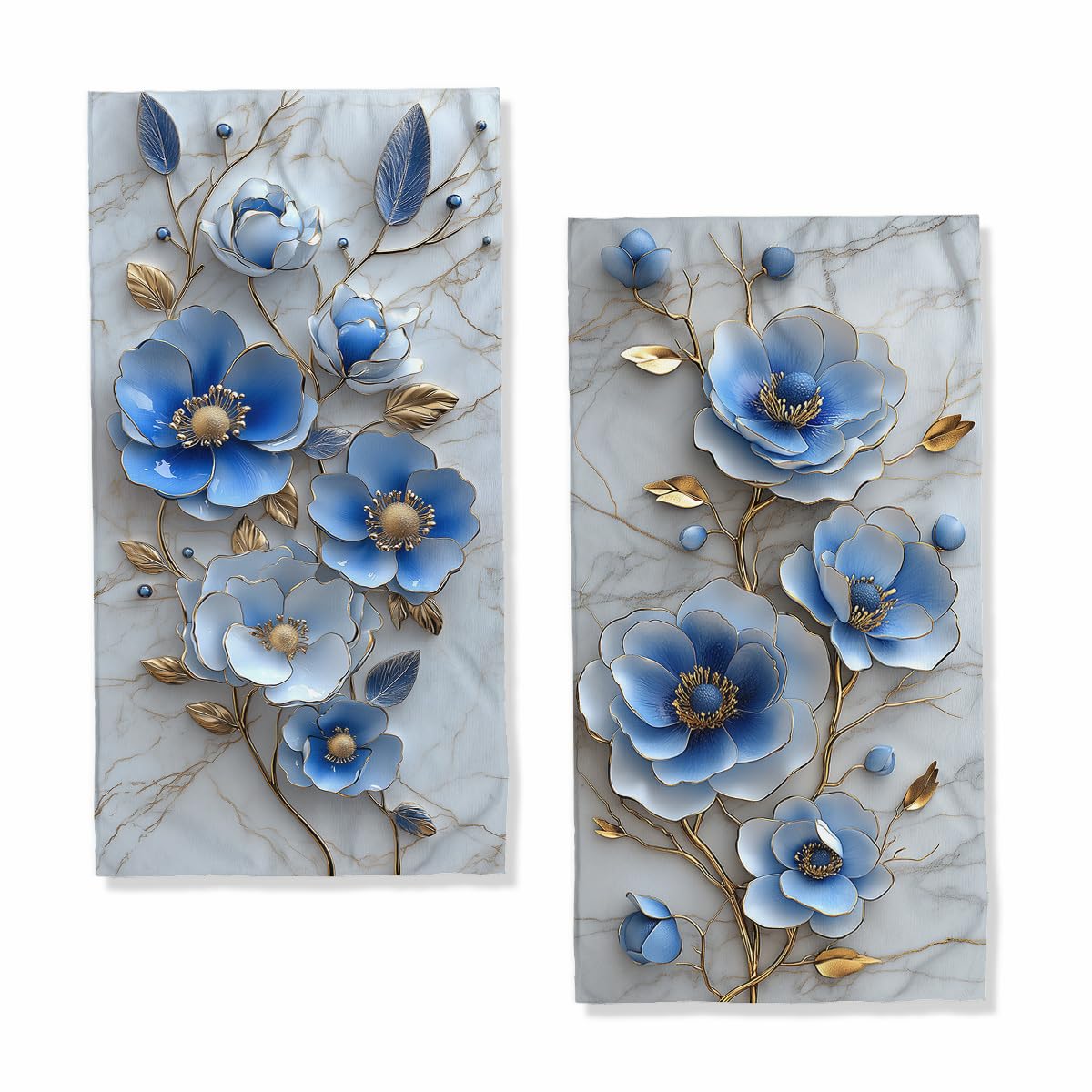 JLSTK Retro Blue Floral Bath Hand Towels Set of 2 Absorbent Marble Abstract Modern Flowers Bathroom Kitchen Towels Set of 2 Face Towels for Bathroom