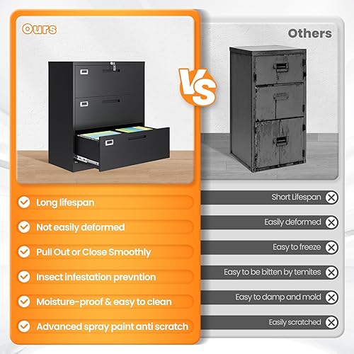 Vista 134 de Archivador de 3 cajones, archivador móvil totalmente ensamblado con cerradura para oficina en casa, caninete de metal con ruedas, cabina de tres