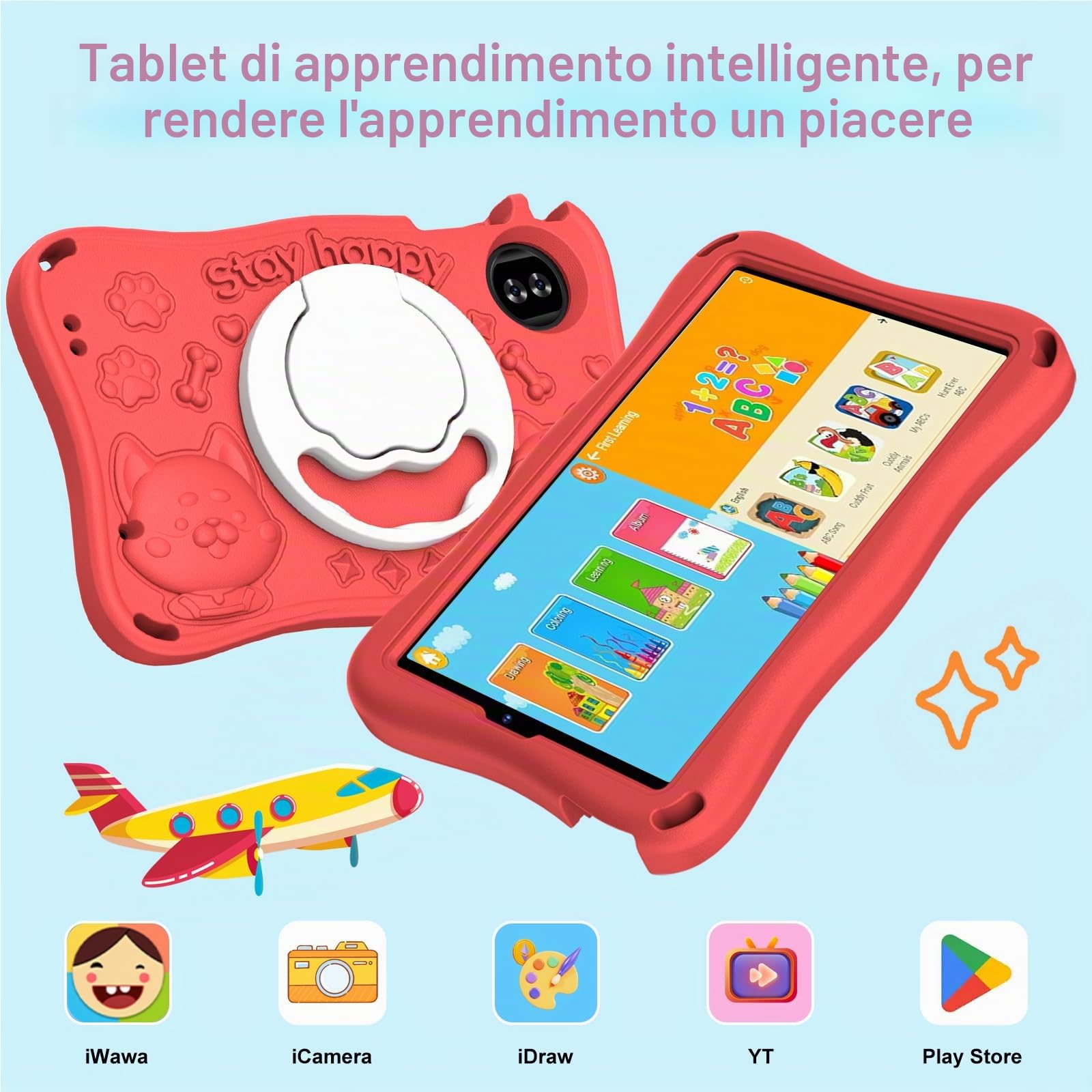 S11 Tablet per bambini 9 pollici Android 15 con 12 GB di RAM + TF 1 TB, 5G WiFi, Widevine L1, Octa-Core, 5000 mAh, controllo genitoriale, 1340 x 800, BT 5.0, per bambini con custodia Eva -Red