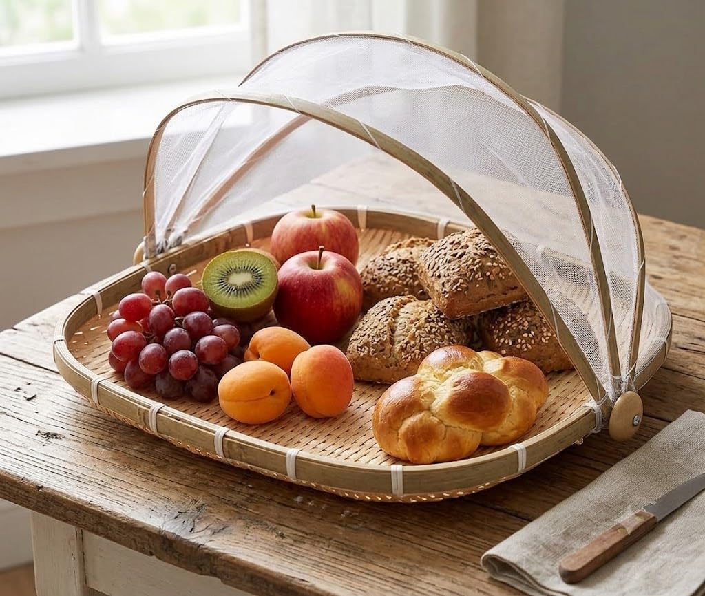 Fruit Basket Bamboo with Mesh Cover | Vegetable Storage Organizer | Kitchen Accessories | Round Breathable Basket with Net Lid | Dining Table Fresh Fruit Holder Mosquito Protection-picture-28