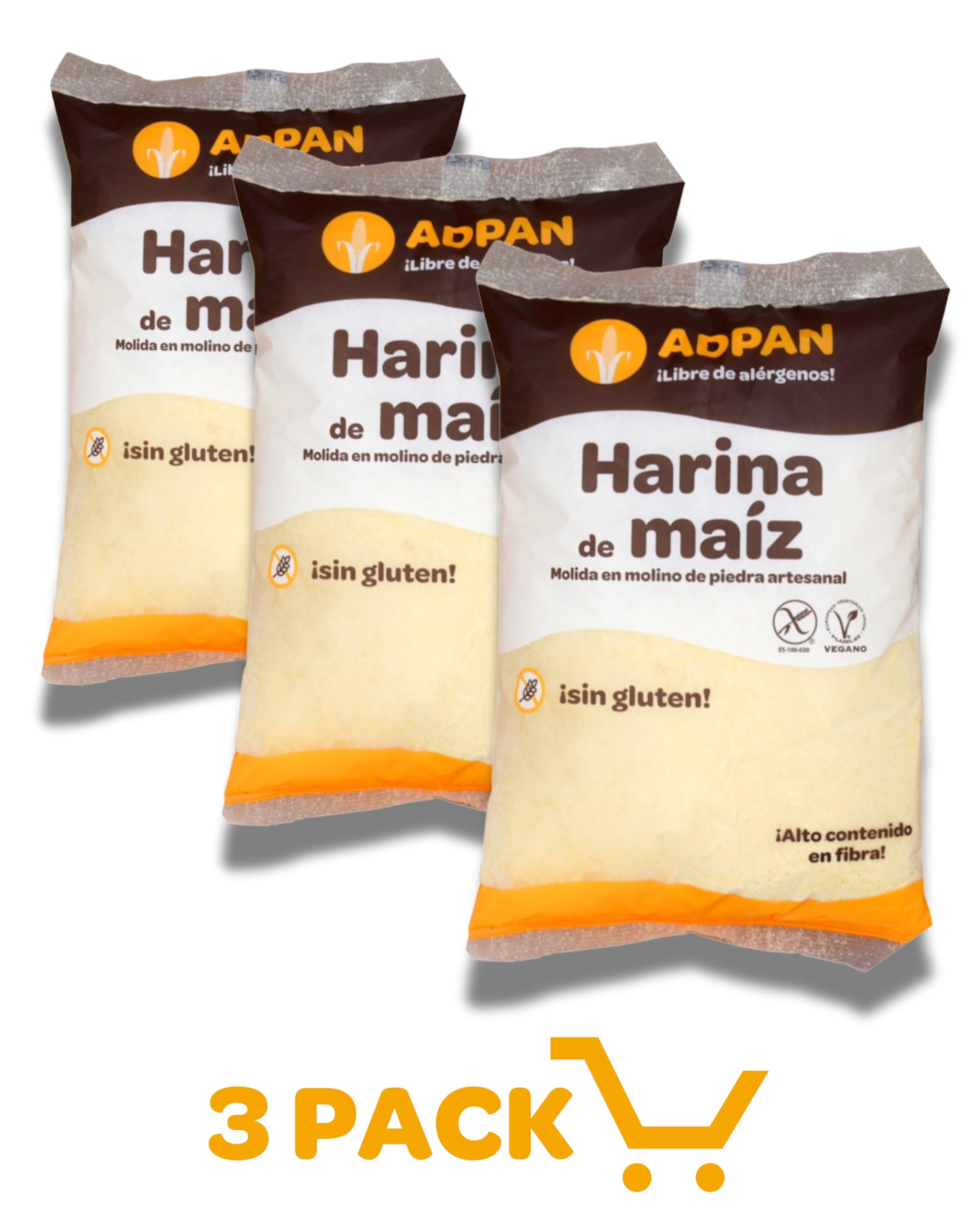 ADPAN Harina de Maíz Sin Gluten 100% Natural | Molida en Molino de Piedra | Ideal para Arepas, Tortillas, Pan y Repostería | Textura Fina y Sabor Auténtico | Pack 3 x 1kg