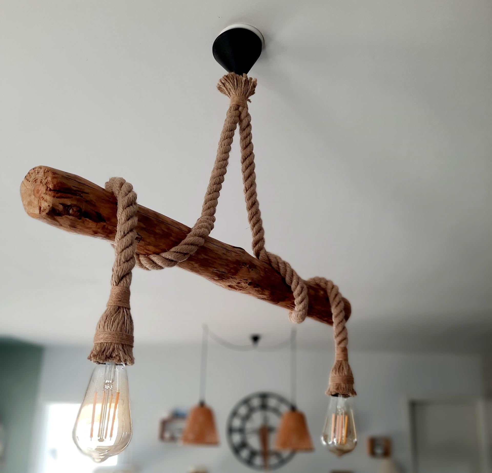Lustre suspension ATLANTIQUE en bois naturel flotté 2 ampoules - style bord de mer - E27