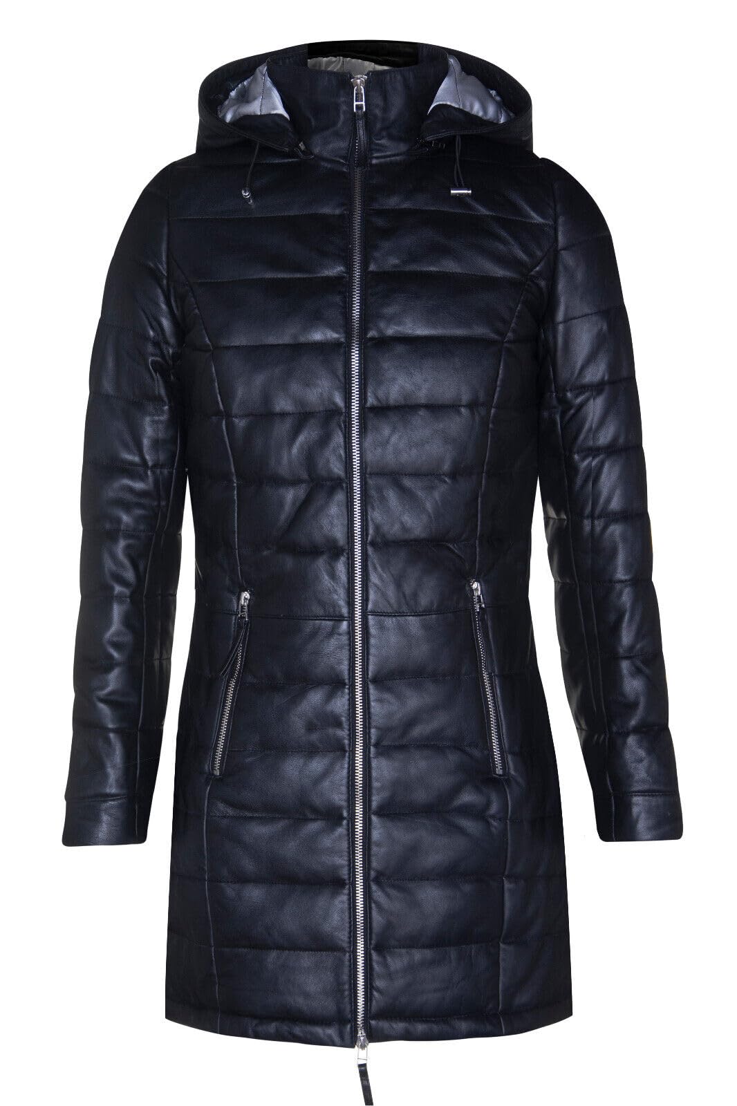 Women's Black Leather Puffer Jacket Quilted Overcoat Hooded Trench Parka Coat 4XL