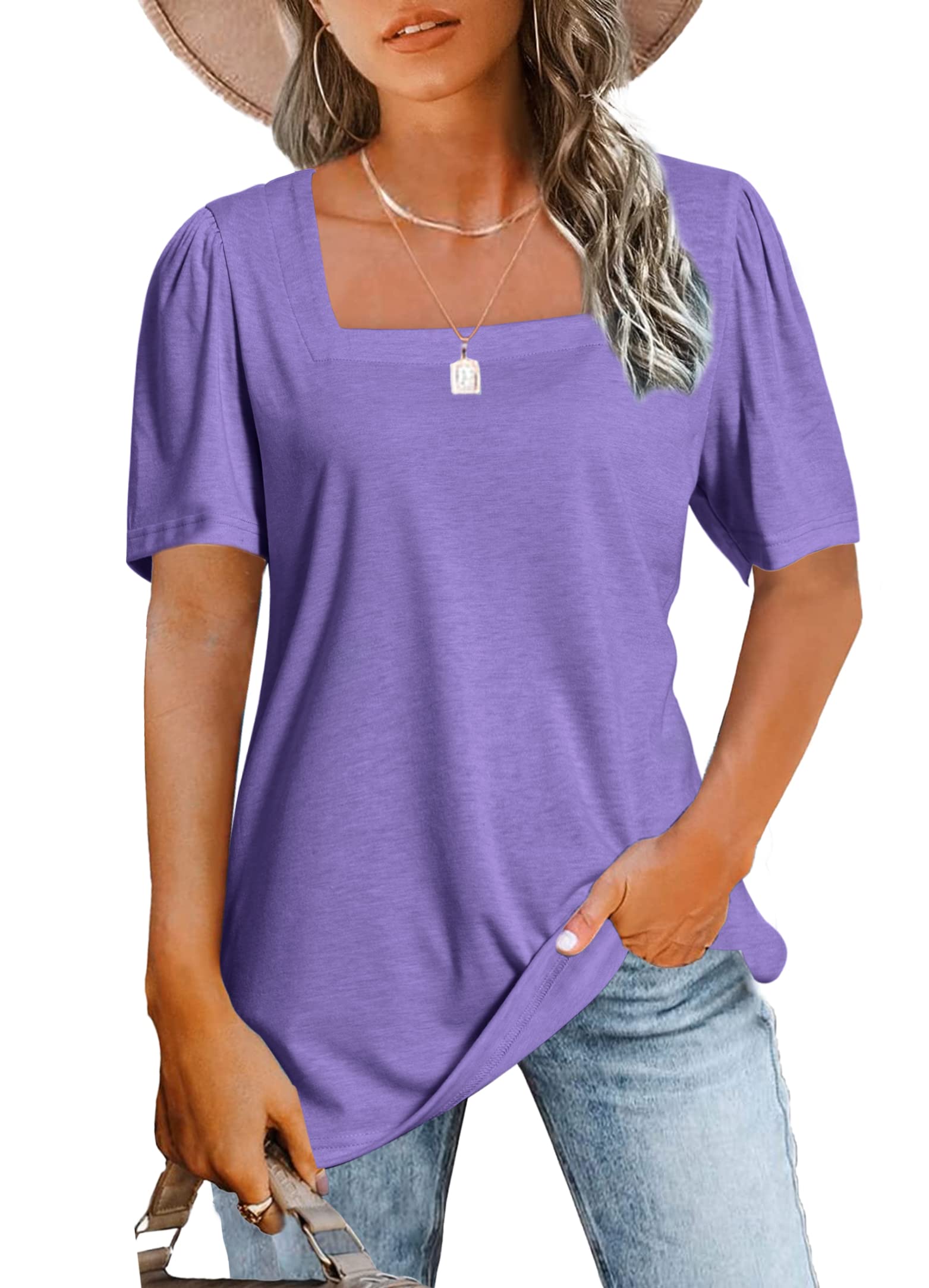 JomeDesign Womens Tops Casual Short Sleeve Square Neck Shirts Puff Sleeve Tshirts Loose Casual Blouse Summer Tee