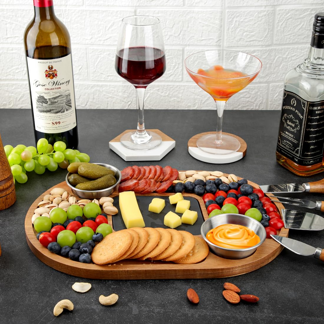WLWNWFT Planche de service en bois d'acacia avec ardoise 36 x 24 cm pour fromage, viande, apéritif