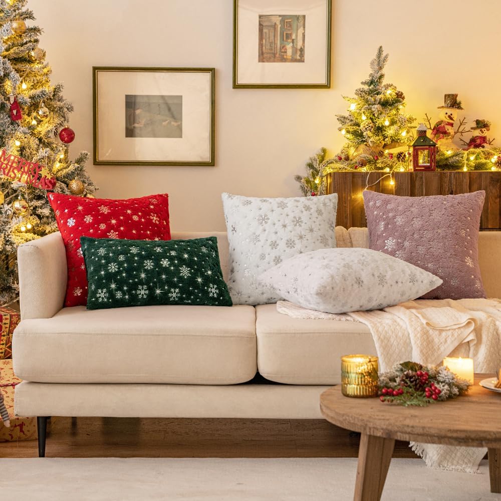 MIULEE Set of 2 Christmas Decorative Throw Pillow Covers Soft Faux Fur Winter Pillow Covers with Silver Snowflake Glitter Holiday Festival Pillowcases for Couch Sofa Bed, 20×20inch, Ivory