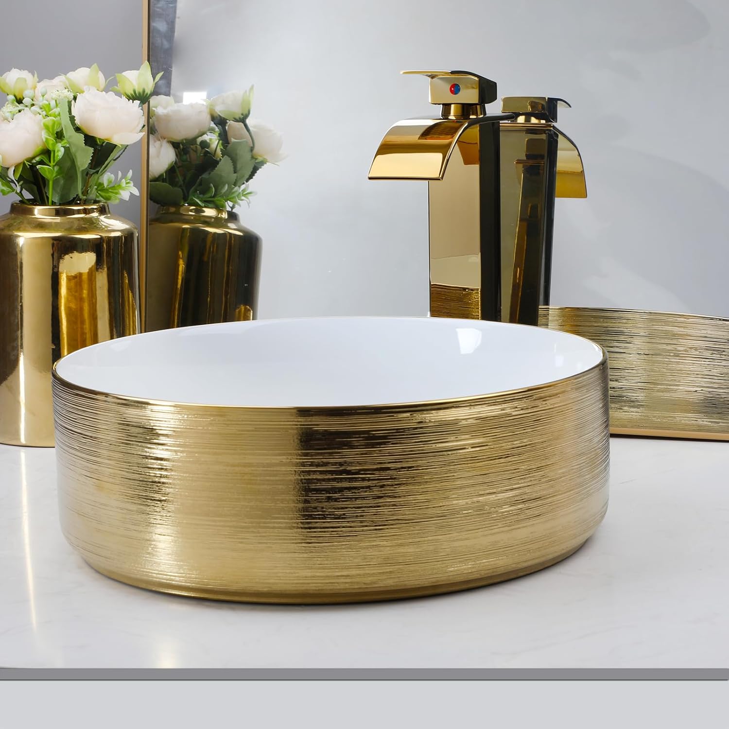 15 Inch Bathroom Vessel Sink Round Basin With Mixer Faucet Pop Up Drain Combo Gold Ceramic Washing Bowl Deck Mounted Gold Waterfall Spout Tap Set