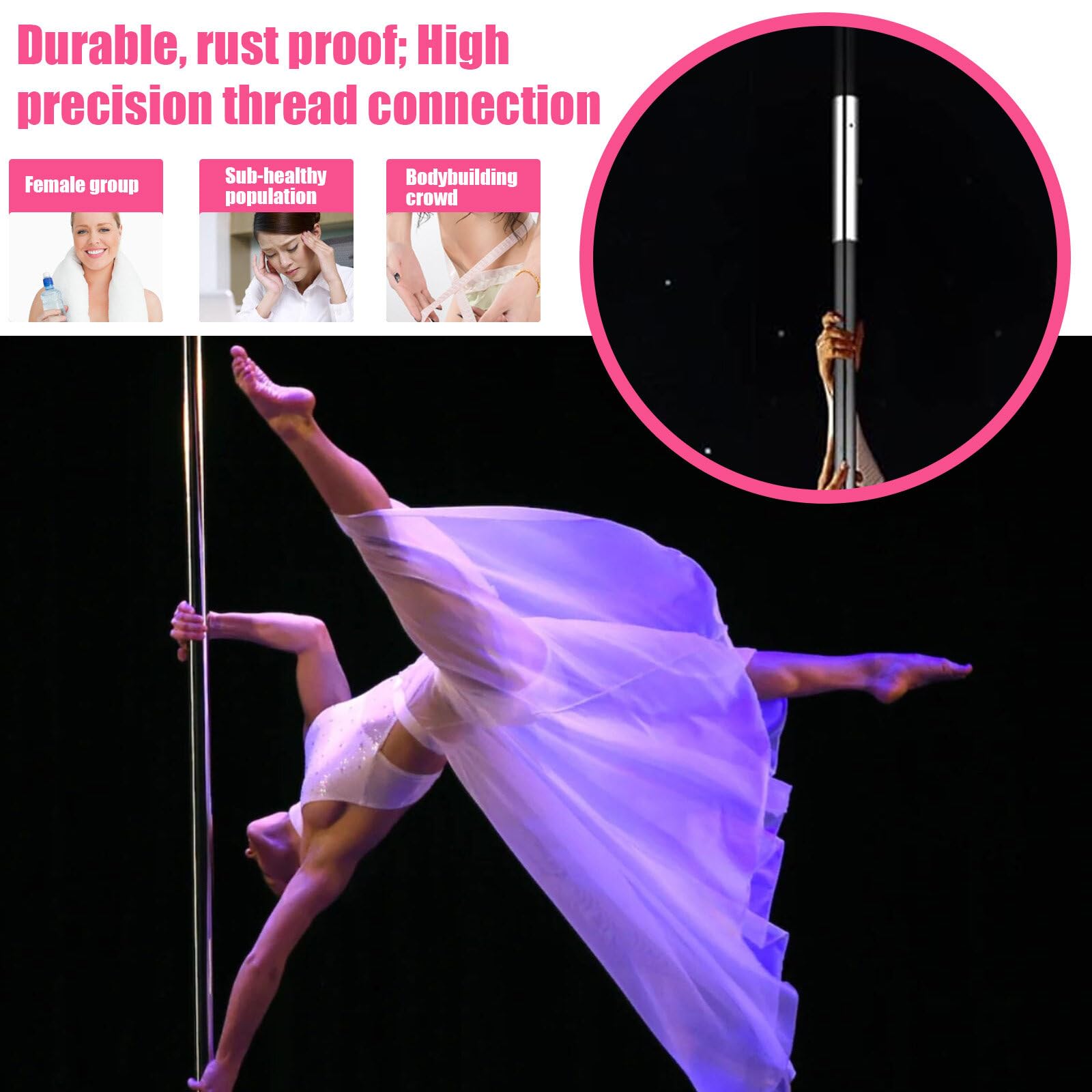 Estensione del Palo da Ballo per Palo da Ballo da 45 Mm da 9,8 '' Pole Lungo per Danzaling Smooth Connection Estensione in Acciaio in Acciaio per Il Palo Danzante Fitness Fila