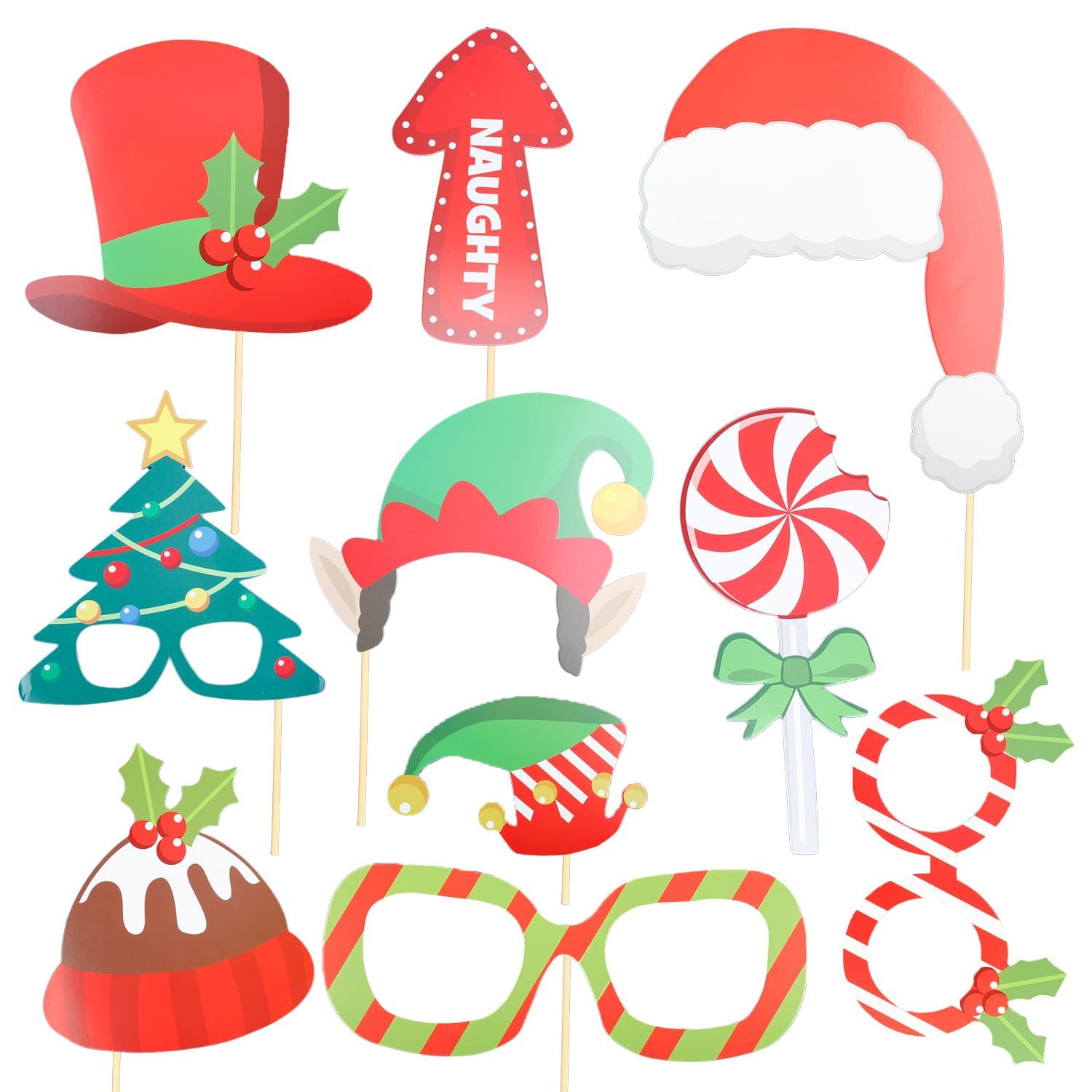 Hopzab Red And Green 32Pcs Christmas Photo Booth Props Red Green Party Decorations Xmas Paper Selfie Props With Bamboo Sticks For Adults, Diy Photography Accessories Christmas Party Supplies
