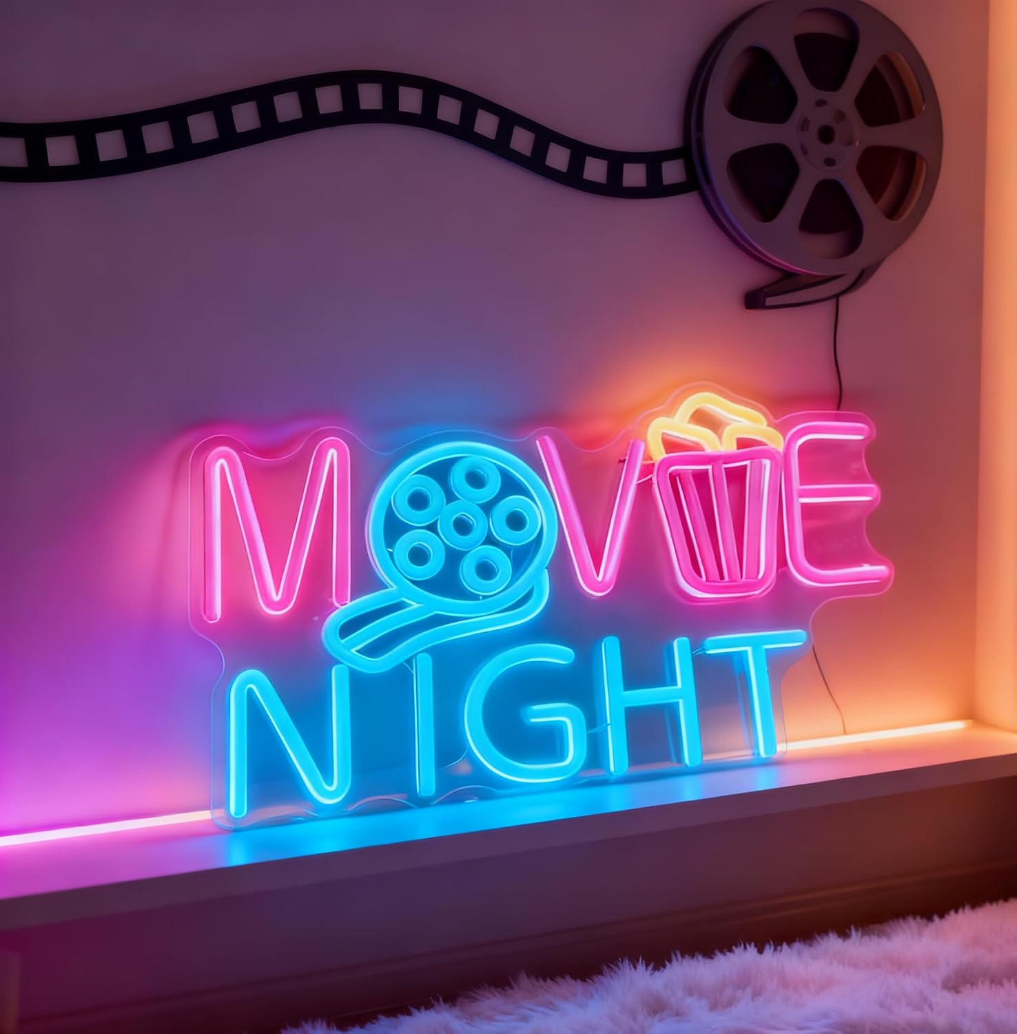 Movie Night LED Neon Sign, Popcorn Film Reel Neon Light, Home Theater Living Room Game Room Decor Movie Party Display USB Powered Decorative Light Wall Table Accent 15.7 x 9.6 In