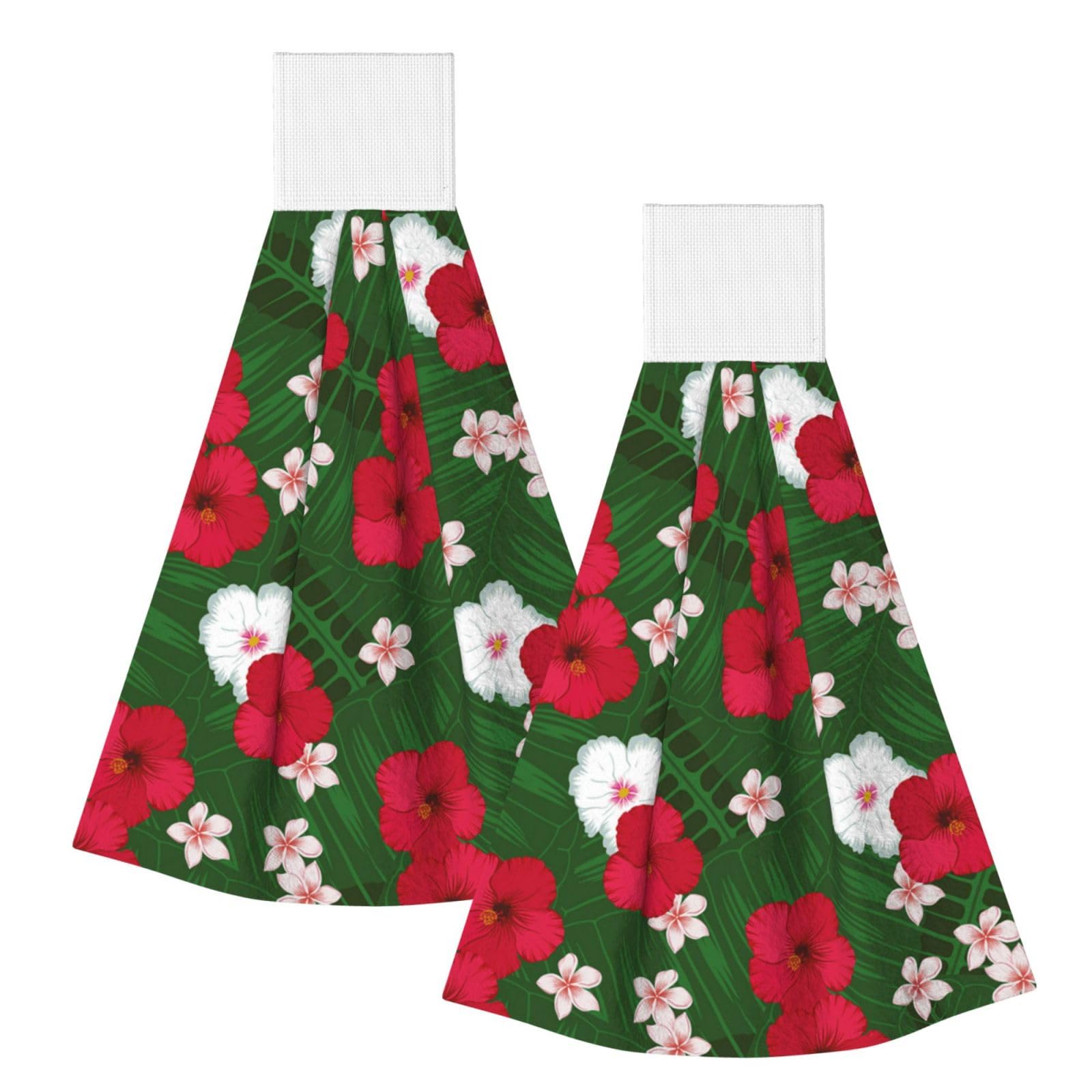DOPKLNA Plumeria Hibiscus Green Leaves Background, 2 Pcs Hanging Coral Fiber Hand Towels for Bathroom, Absorbent Kitchen Towels