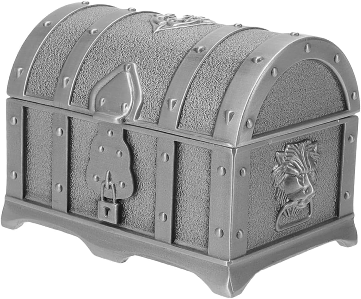 Vintage Alloy Jewelry Trinket Box Treasure Chest for Earrings, Silver