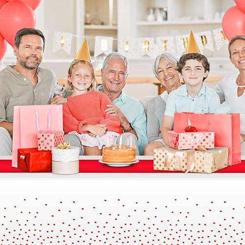 Miniatura 5 de Juego de 8 manteles de plástico desechables y camino de mesa de satén, mantel con lunares blancos y rojos, camino de mesa de satén rojo para bodas,