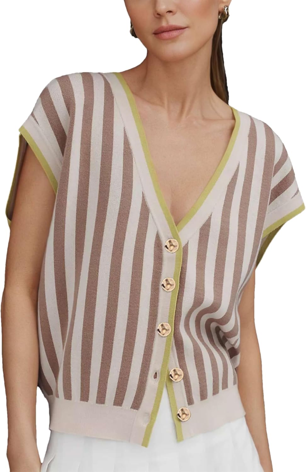 HangNiFang Womens Summer Knit Cardigan Vest V Neck Cap Sleeve Golden Button Sweater Tops