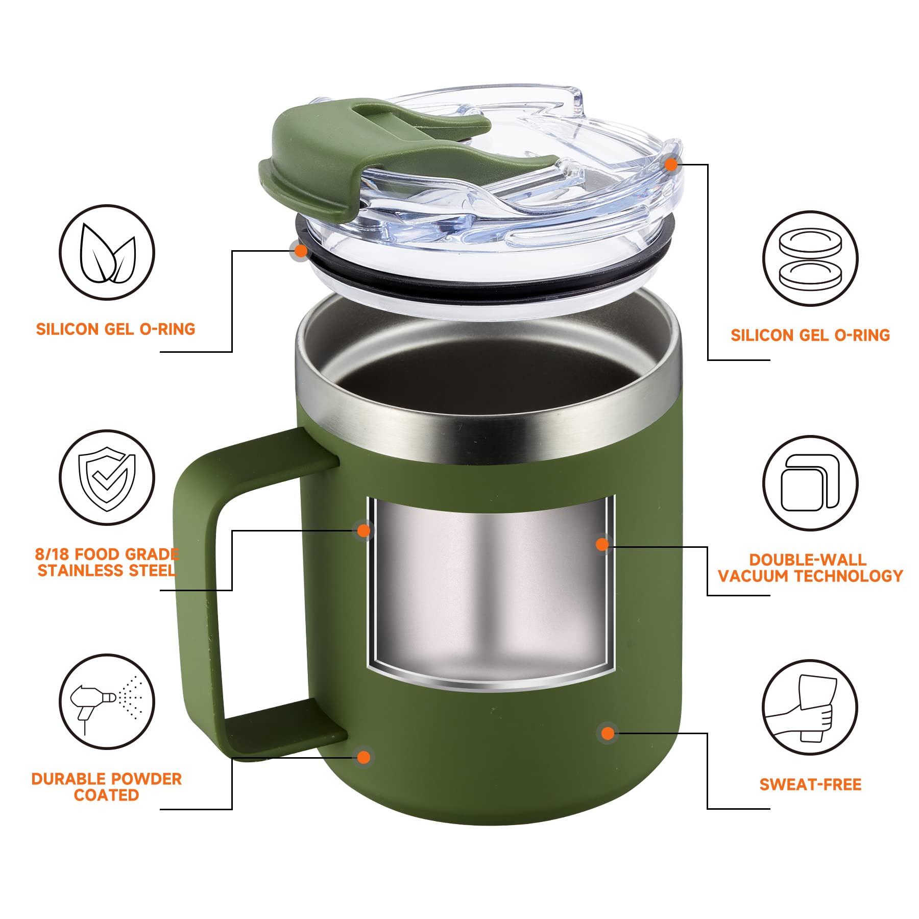Taza de café aislada de 12 onzas con asa, taza de café de viaje de acero inoxidable con tapa abatible, vaso de café al vacío de doble pared, verde militar