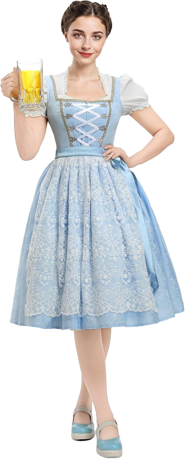 Oktoberfest Dirndl Dress German Square Neck Bavarian Costumes Top Dress Apron Set