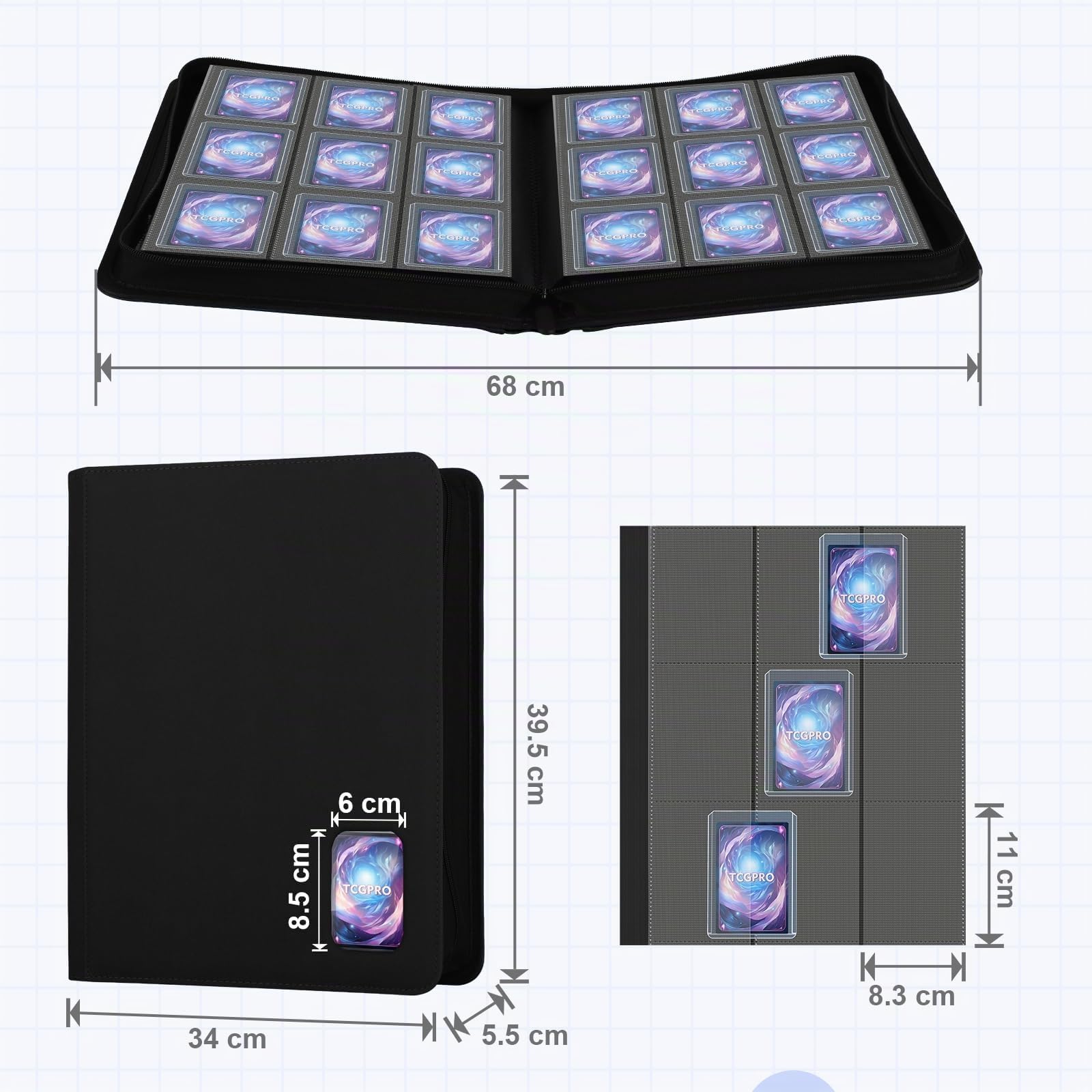 TCGPRO Toploader Classeur avec fenêtre pour 360 cartes dans des pochettes rigides de 8,6 x 10,16 cm, 9 poches latérales et fermeture éclair, compatible avec MTG, TCG, cartes de sport, etc. Noir