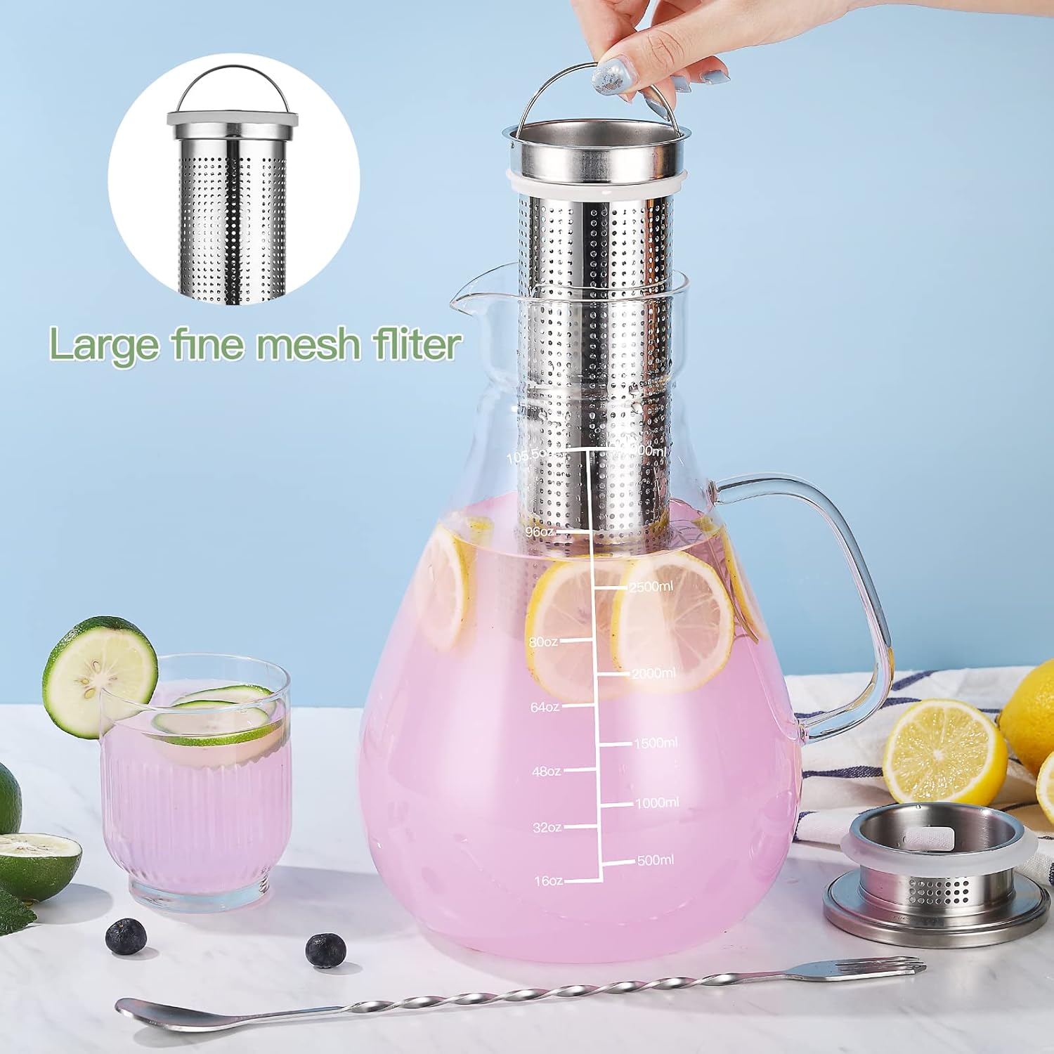 Glass Pitcher - 105.6oz Fruit Infuser Water Pitcher with Removable Lid and Precise Scale Line , 18/8 Stainless Steel Iced Tea Pitcher, Easy Clean Heat Resistant Infusion Pitcher for Cold Hot Beverages : Home & Kitchen