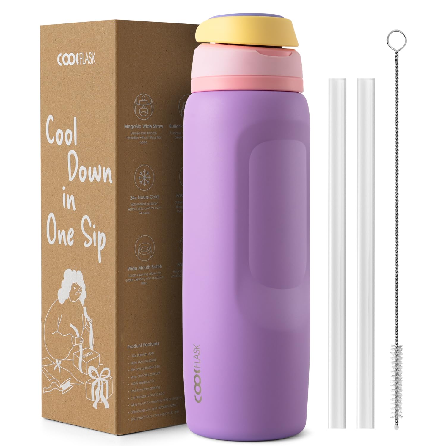 Coolflask MegaSip Water Bottle 1.2L with Straw, Stainless Steel Insulated Water Bottles Leak-Proof, 24+ Hours Cold, BPA-Free Dishwasher Safe, Water Flask for Sports Gym Work Office, Sunrise Purple