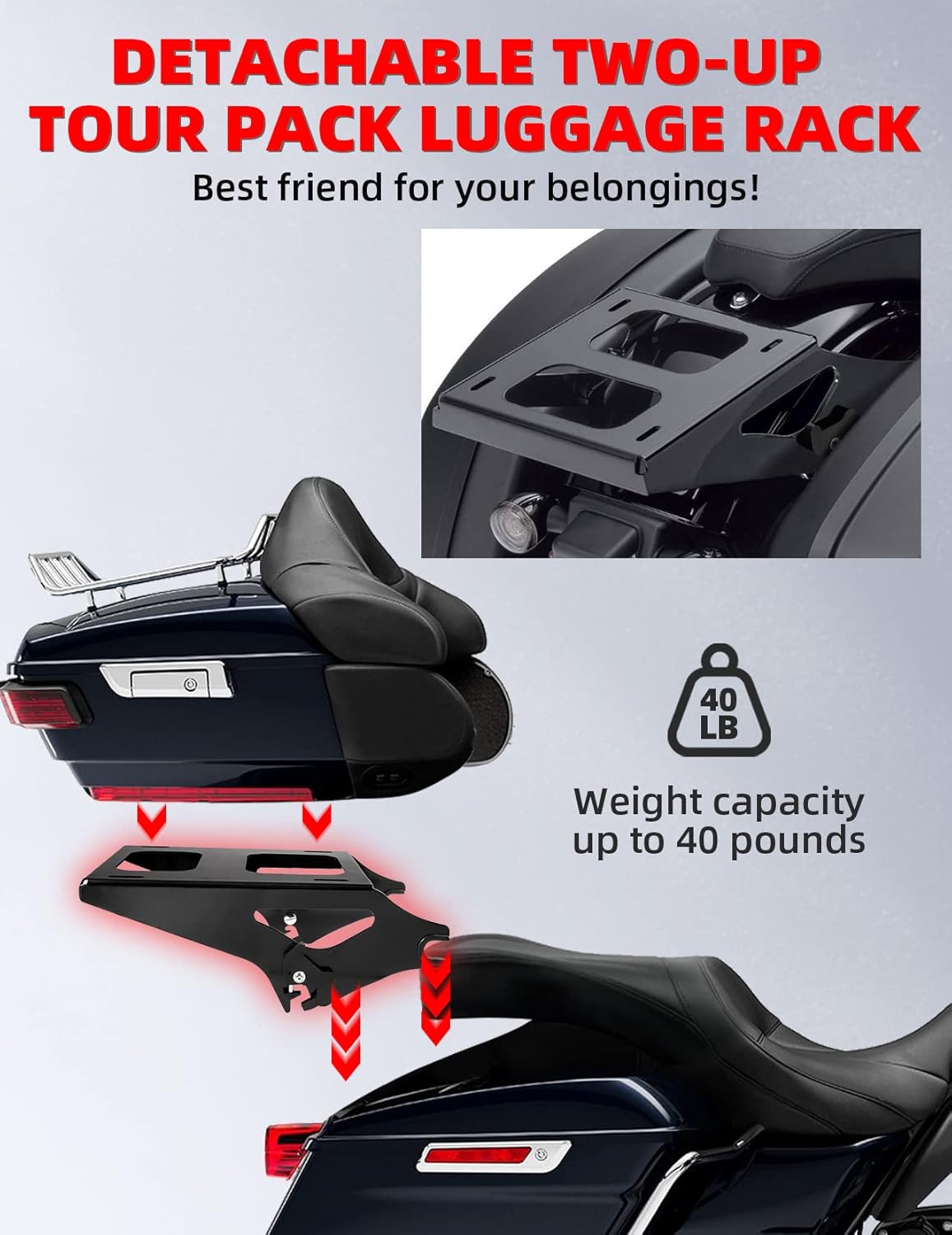 Amazicha Detachable Two 2 Up Tour Pack Pak Luggage Rack Mounting Rack Black Compatible for Harley Davidson Touring Street Glide/Electra Glide/Road Glide/Road King 2014-2024