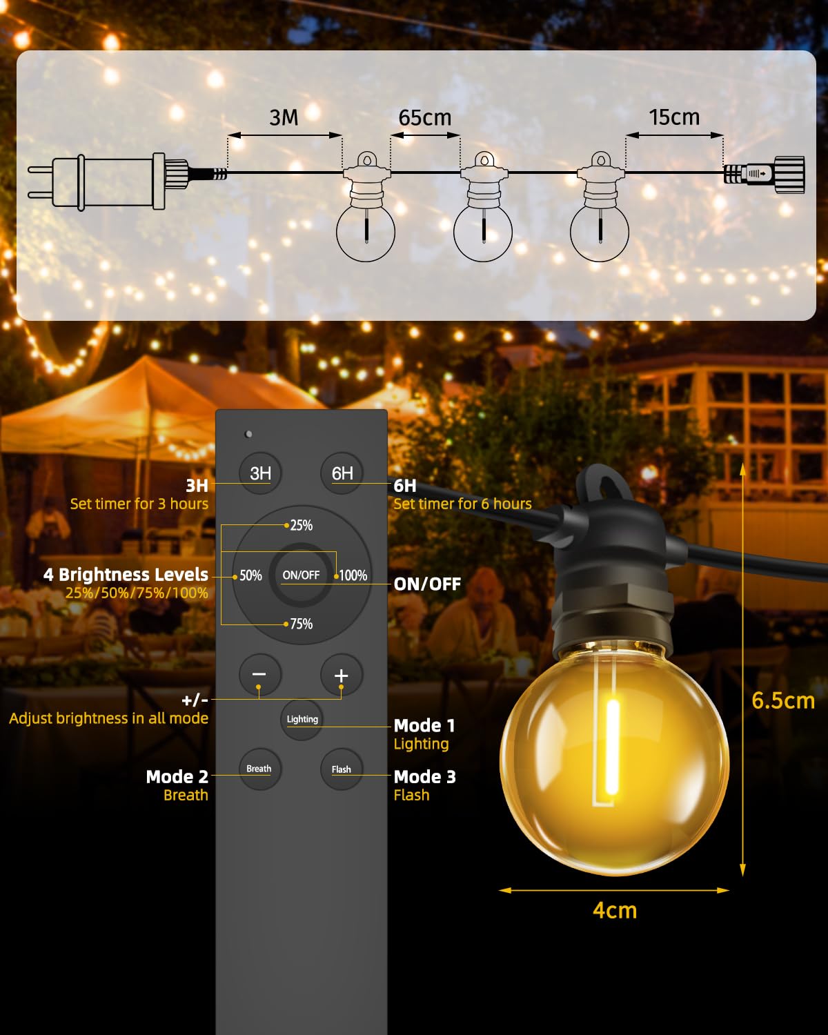 Cadena de luces para exteriores (30 m, G40, bombillas para balcón, cadena de luces) | 46 + 2 luces de jardín con mando a distancia, IP68, resistentes al agua, regulable, para terraza, fiesta, boda