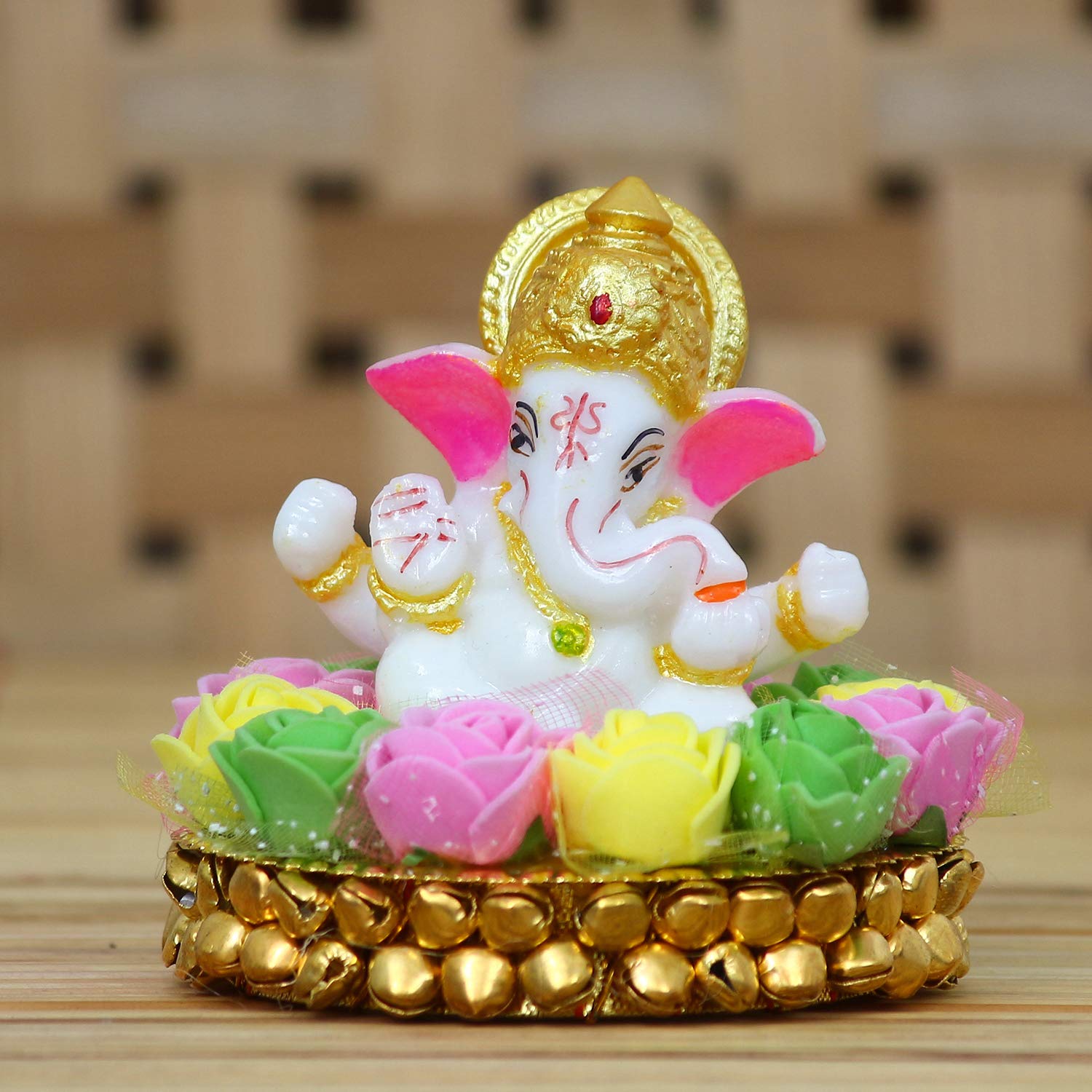 eCraftIndia Lord Ganesha Idol on Decorative Handcrafted Plate with Colorful Flowers