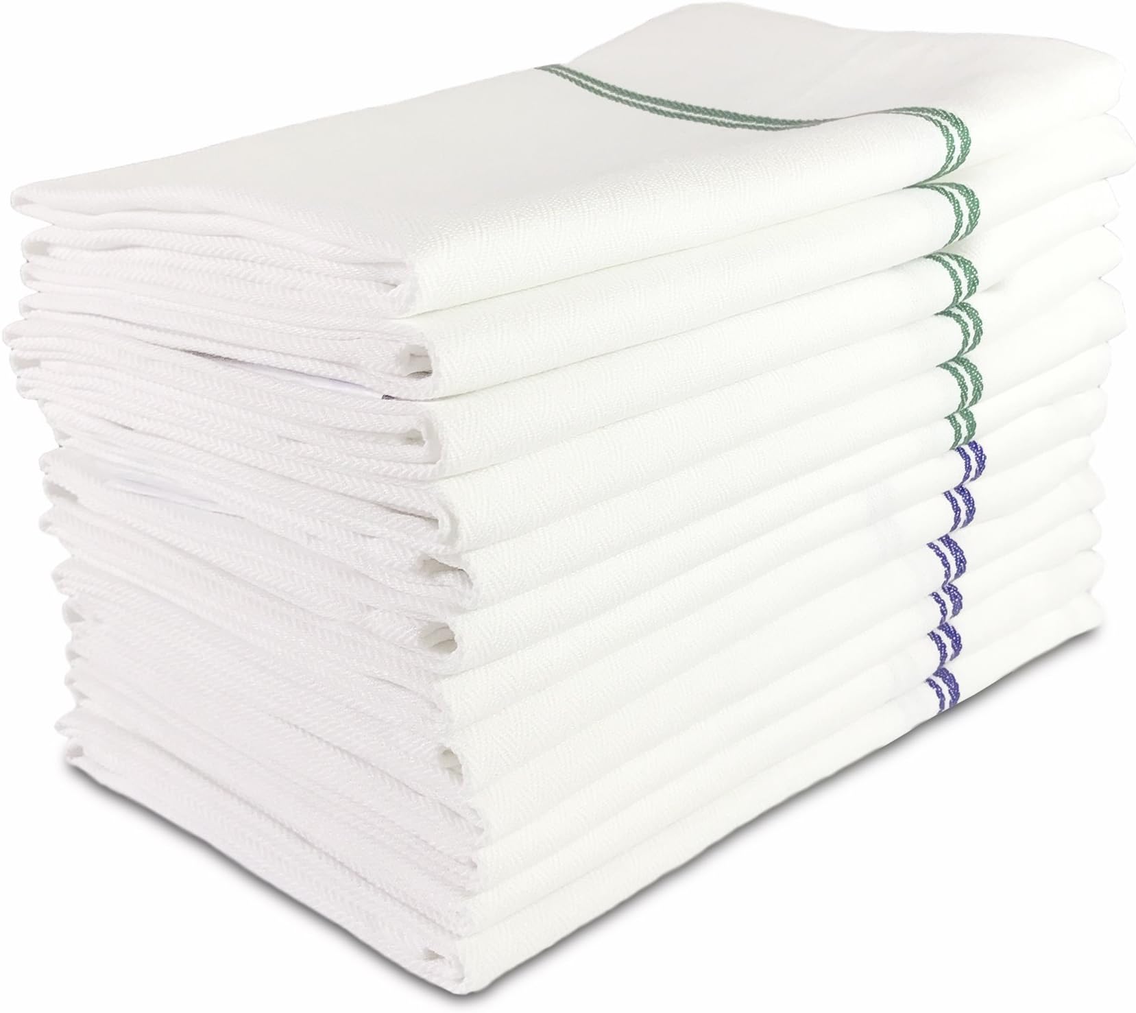 Kitchen Dish Towels, 12 Pieces, 29in x 18in, White with Blue Stripe (6 Pcs), with Green Stripes (6 Pcs), 100% Natural Cotton, Herringbone Weave, High Absorbent Dish Cloths