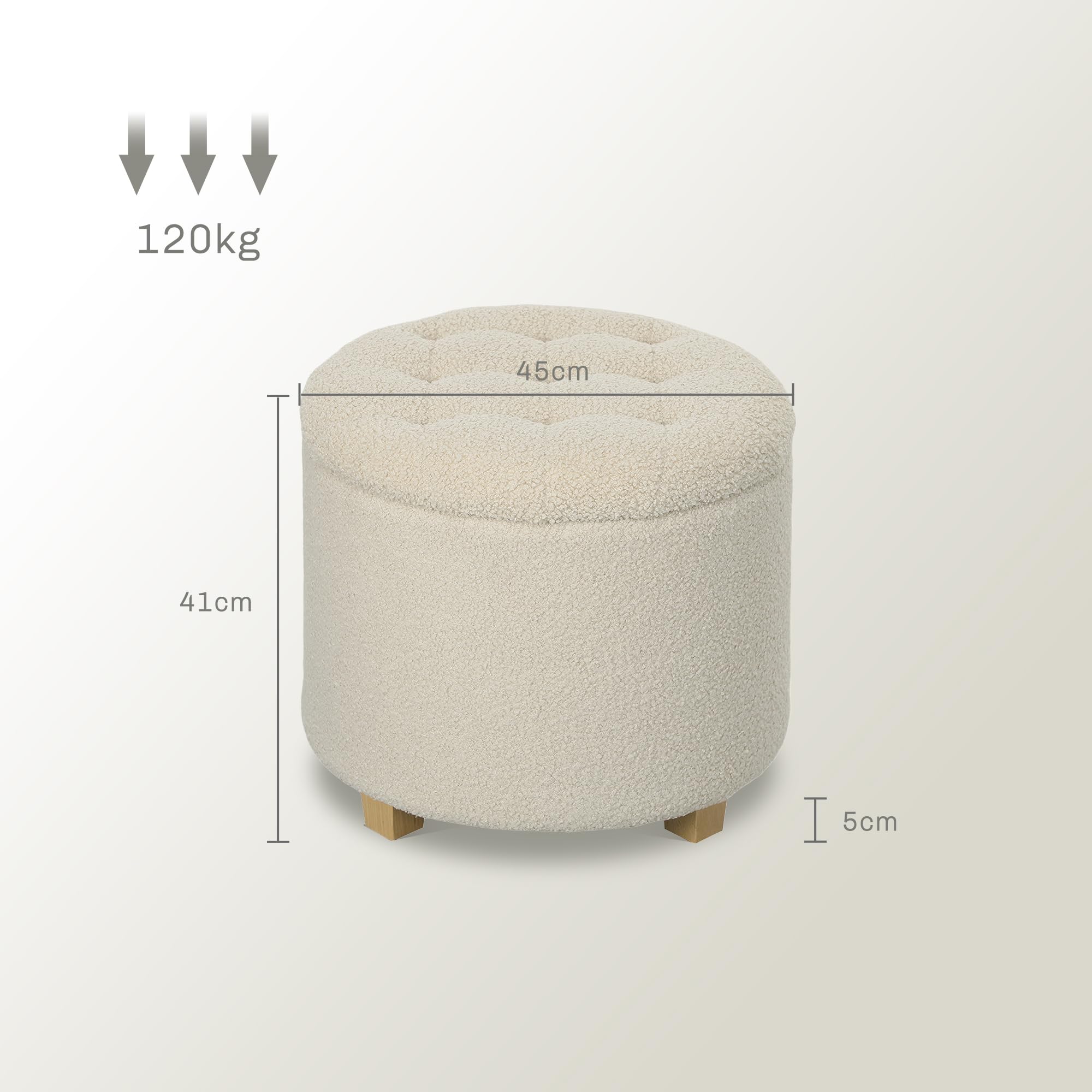 HOMCOM Pouf Rangement Rond 45cm Couvercle Amovible Bois Blanc crème