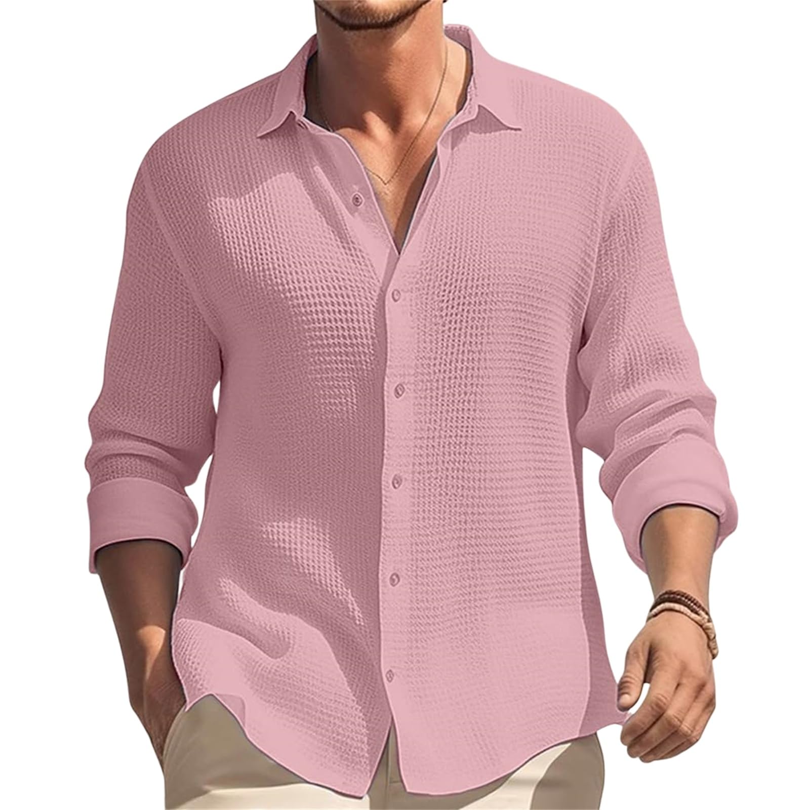 Men's Casual Long Sleeve Button Down Waffle Shirt Business Textured Wrinkle Free Stretch Lapel Vacation Tops