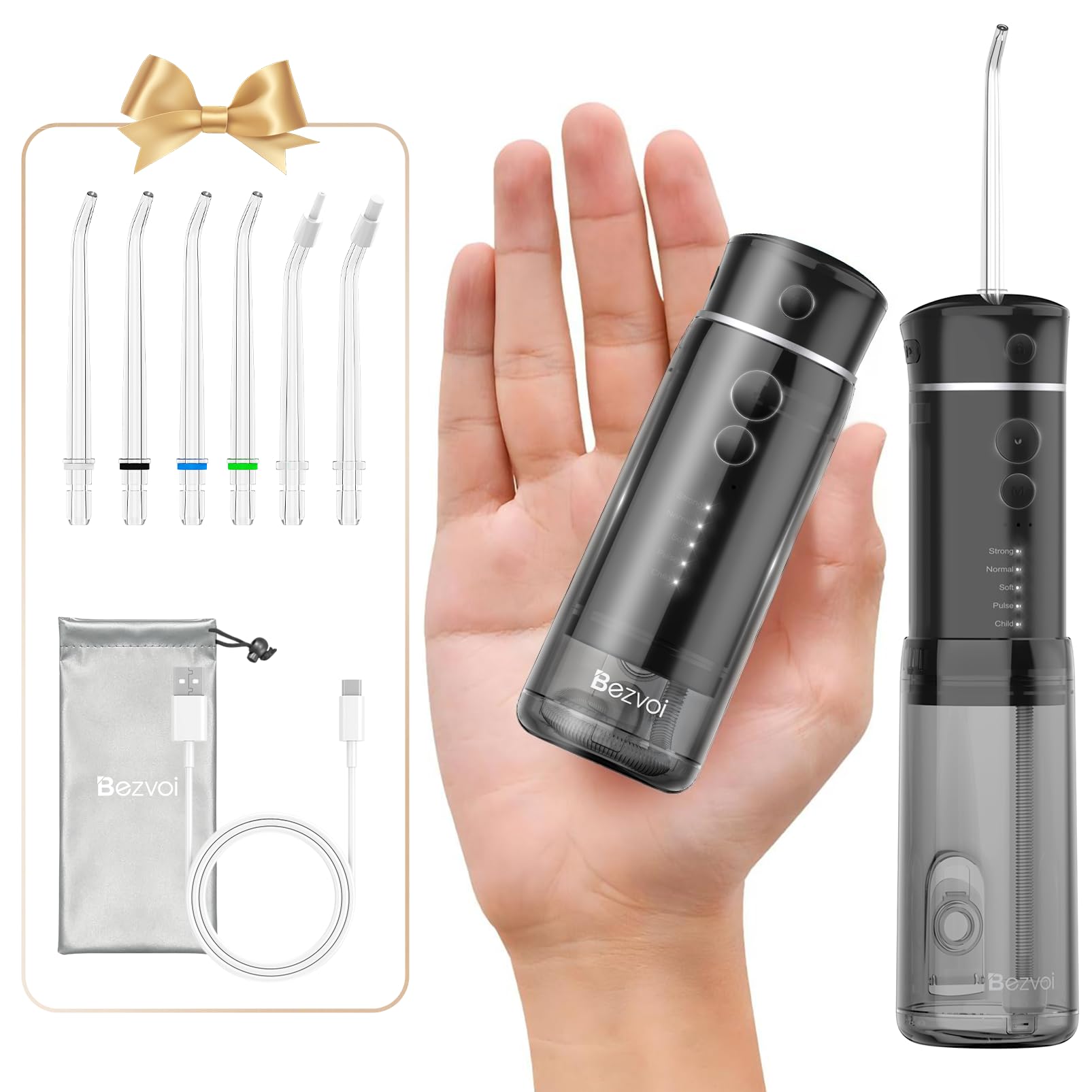 Bezvoi Mini Portable Water Flosser for Travel, 5 Modes Dental Floss, 6 Tips