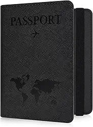 Suporte fino para passaporte com bloqueio RFID – Capa carteira para passaporte com design de mapa do mundo, acessórios de viagem elegantes | Fecho de alça elástica (preto-SZW), Preto-SZW, Passport