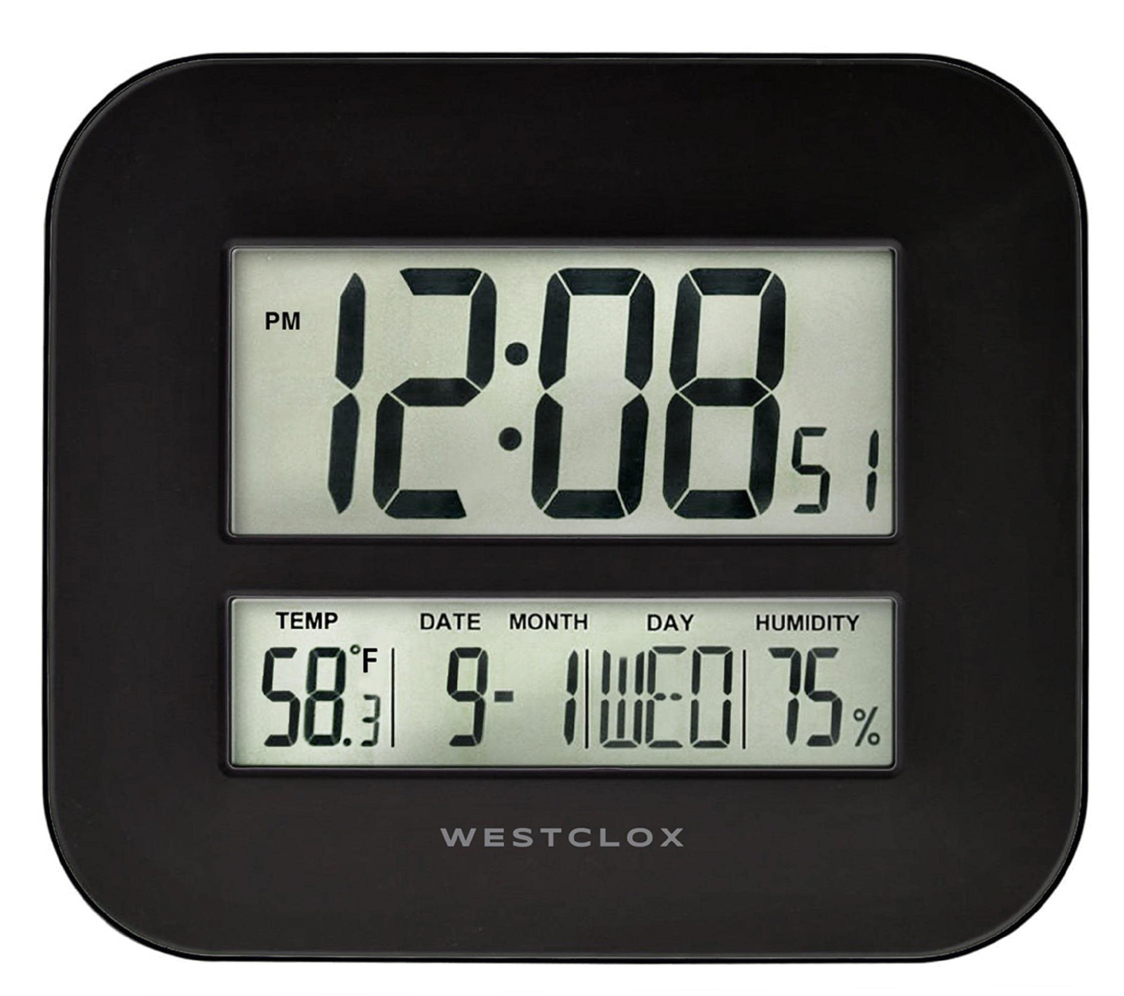 Westclox Reloj de pared digital grande negro con indicador de fecha y temperatura
