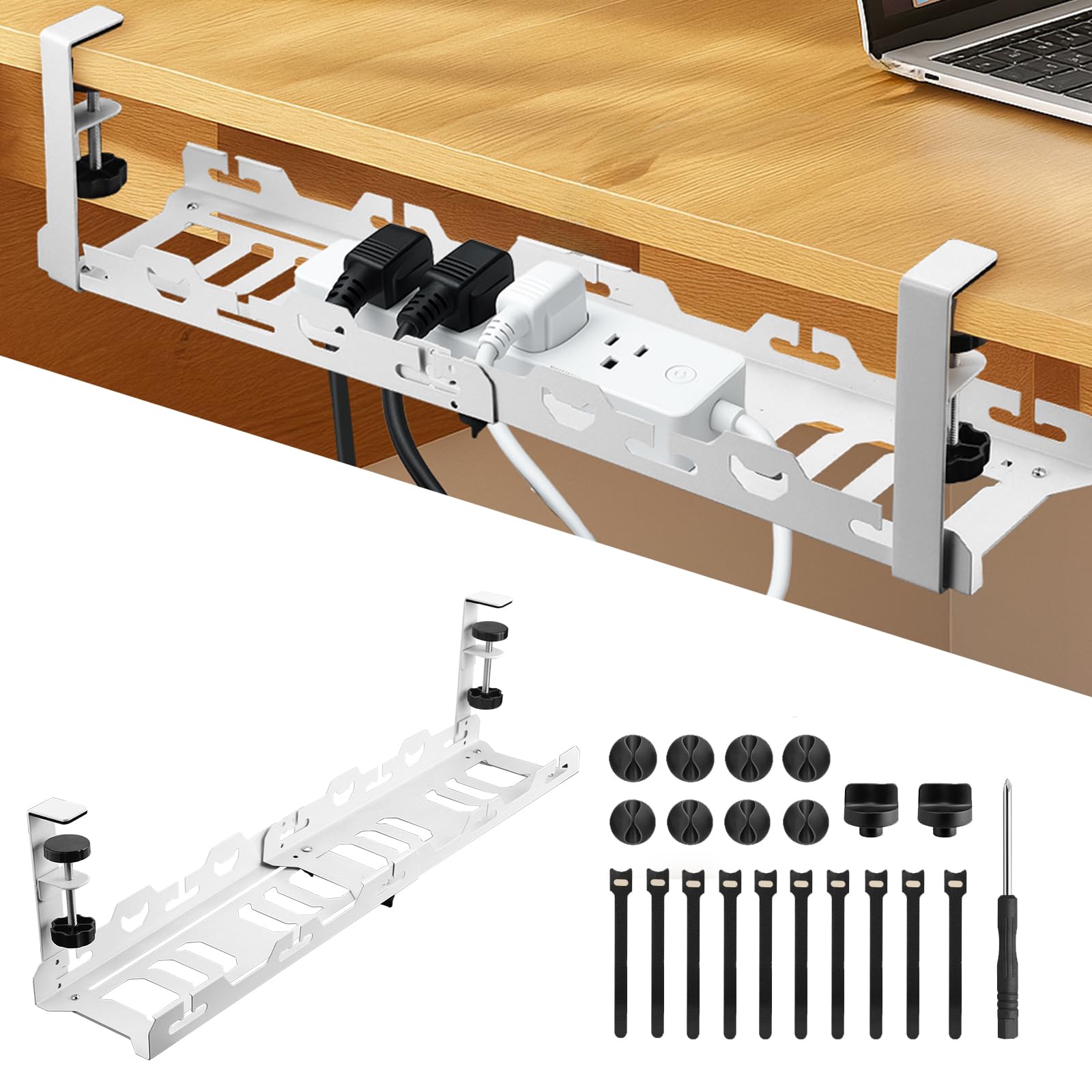 EYPINS Organizador de Cables para Debajo del Escritorio, sin Taladro, de 40-74cm, Retráctil, Resistente, de Acero al Carbono, Bandeja Cables Escritorio Blanco