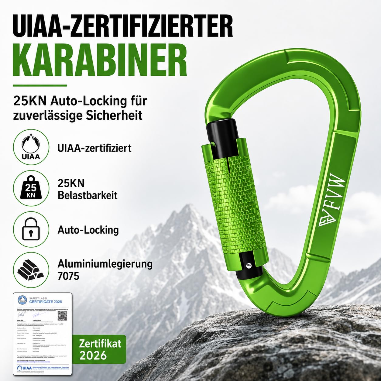 Lot de 5 mousquetons d'escalade, certifiés UIAA 25 KN, verrouillage automatique, pour hamac, balançoire, laisse et harnais, camping, randonnée et utilité (vert)