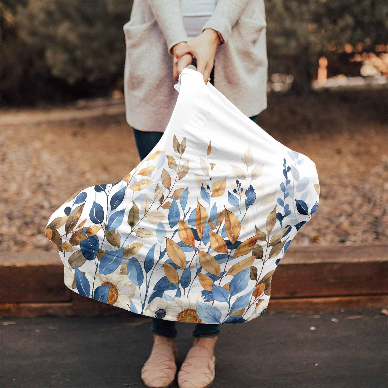 Nursing Cover for Breastfeeding Scarf, Fall Eucalyptus Leaves White Sunflower Baby Car Covers Super Soft Multi Use for Canopy Shopping Cart Cover Blanket Stroller Cover