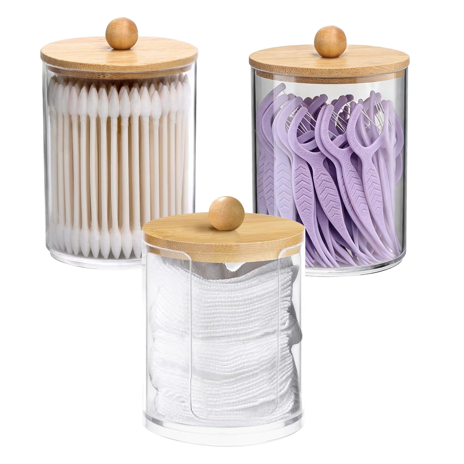 KUKUJIWA Cotton Pad Holder with Bamboo Lids, 3 Pack Clear Plastic Storage Containers for Cotton Balls, Swabs, Floss, Hair Clips, Stackable Makeup Organizer for Bathroom Vanity
