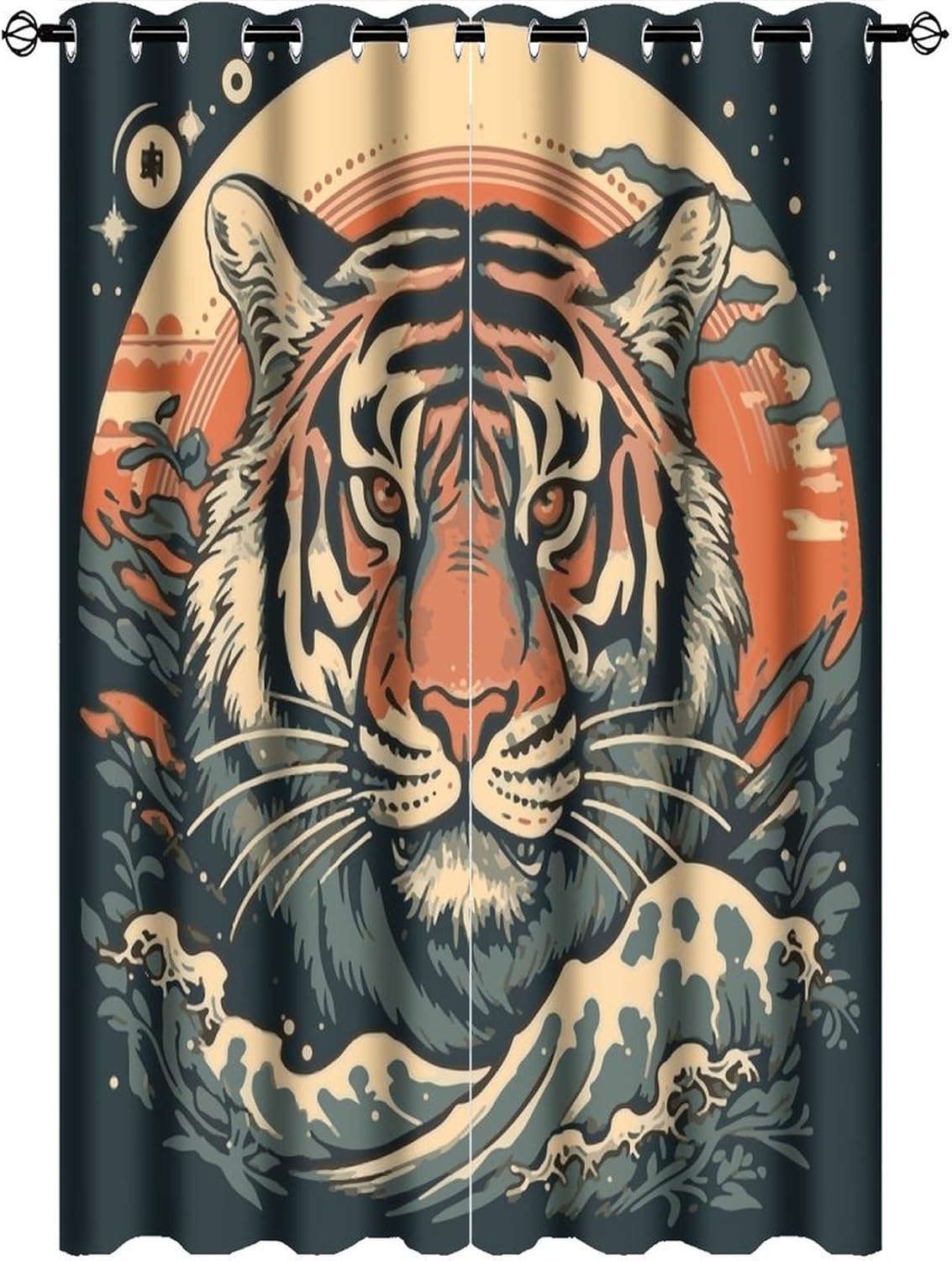 Cool Japanese Anime Tiger Curtains - Vintage Abstract Japan Great Wave Tiger Head Print Thermal Insulated Blackout Curtains - Grommet Top Window Treatment Drapes for Bedroom 63L x 21W,2 Panels