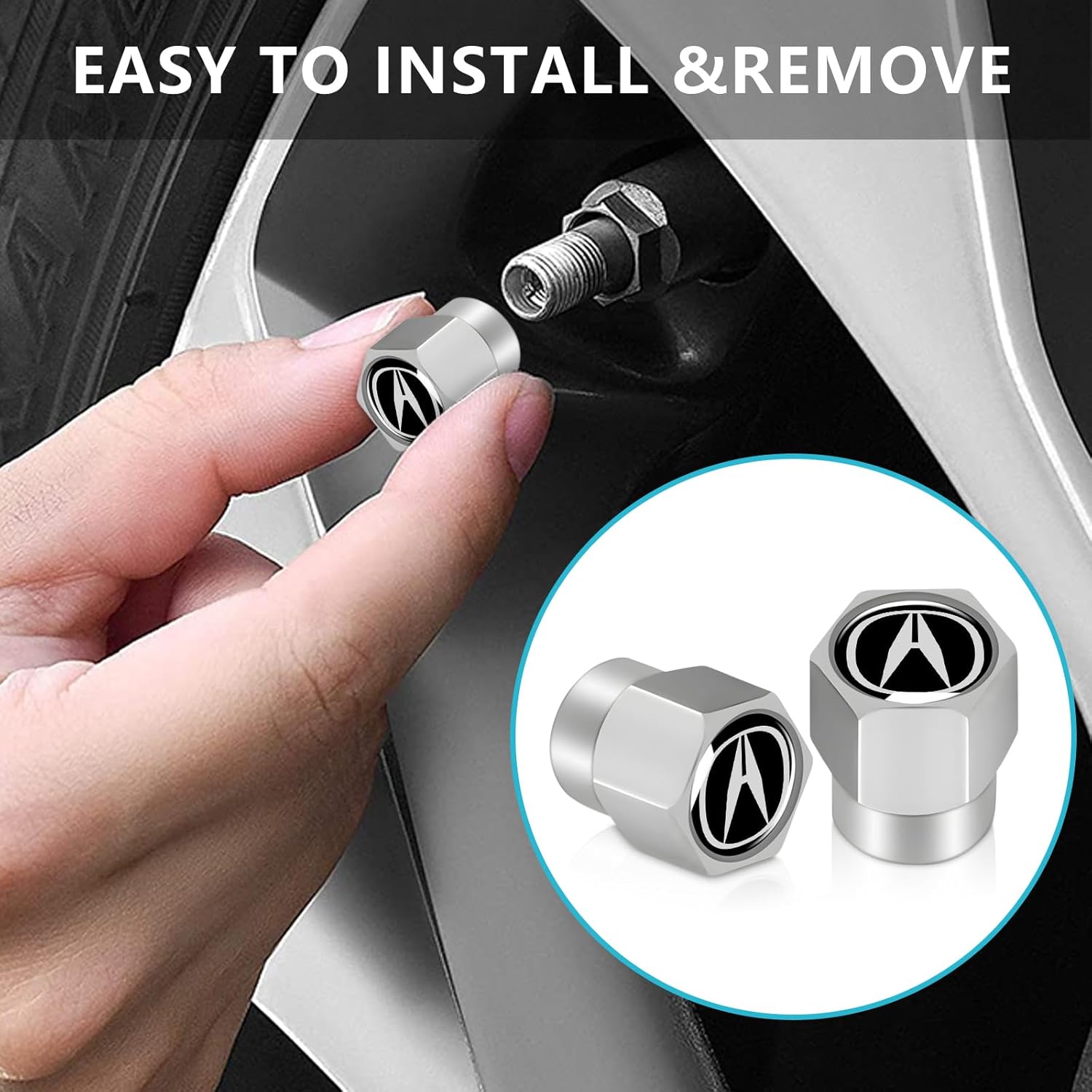 Tire Valve Stem Cap for Acura Metal Tire Stem Cover with Belt O-Ring Air caps Sports Accessories 4 Pack - Image 2
