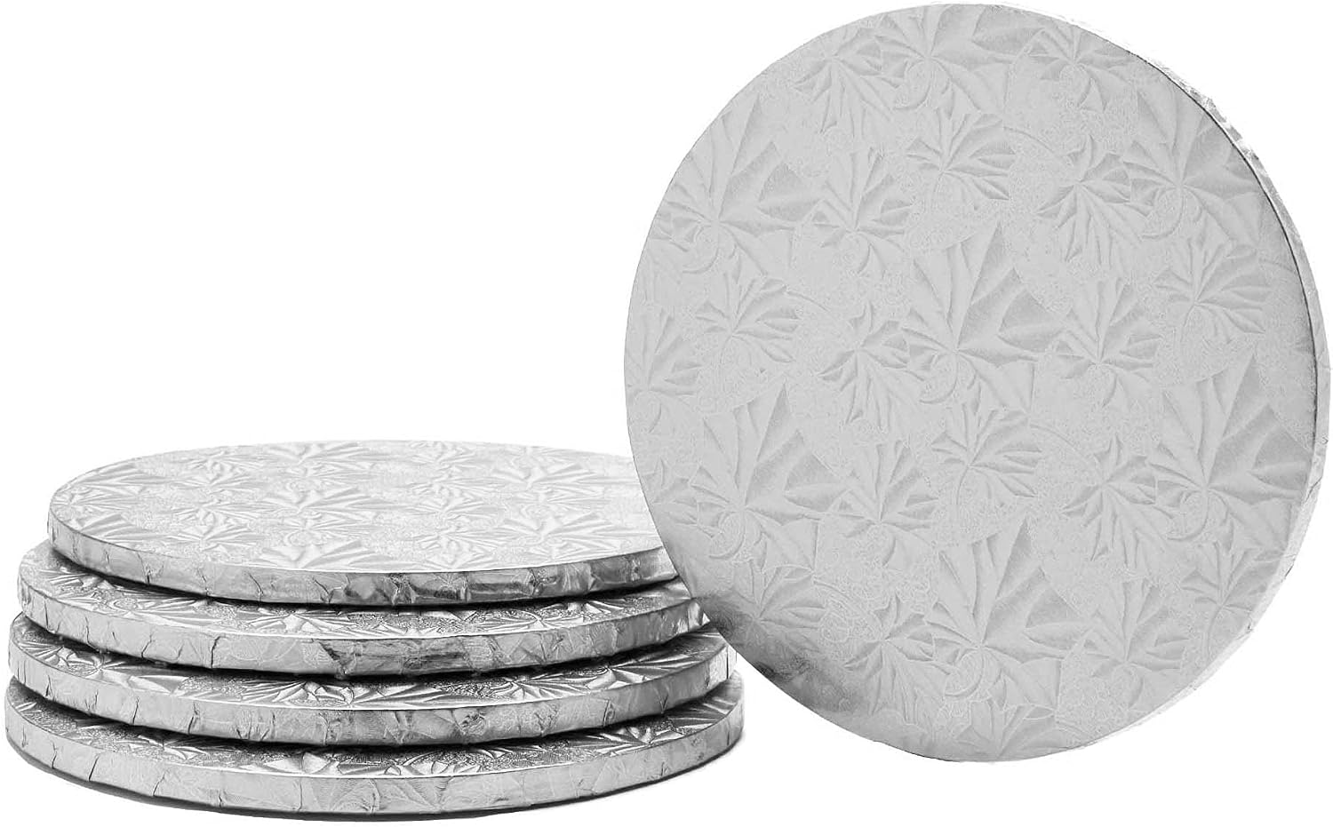 Round Cake Drum Decorative Cake Board, Desserts and More Food Safe Grease Proof Reusable 16” Diameter x .5" Thick Silver Set of 5