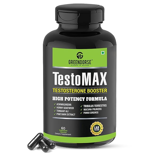 GREENDORSE TestoMAX Testosterone Booster Tongkat Ali, Ashwagandha KSM66, Horny Goatweed, Tribulus Terristris, Kaunchbeej (Mucuna pruriens ), Panax Ginseng & Pine Bark Extract, 3rd Party Lab Tested Powerful Supplement for Men - 60 Veg Capsules