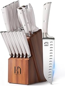 KnifeSaga Kitchen Knife Set Premium, Japanese High Carbon Stainless Steel 15 Pcs Enduring Ultra Sharp Knife Block Set with Sharpener and Wood Block, Professional White Chef Knives Set for Kitchen