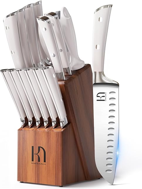 KnifeSaga Kitchen Knife Set Premium, Japanese High Carbon Stainless Steel 15 Pcs Enduring Ultra Sharp Knife Block Set with Sharpener and Wood Block, Professional White Chef Knives Set for Kitchen