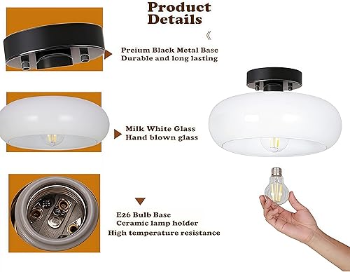 Miniatura 6 de Lámpara de techo semiempotrada, lámpara moderna de mediados de siglo de 11 pulgadas, accesorios de iluminación negros para pasillo con pantalla de