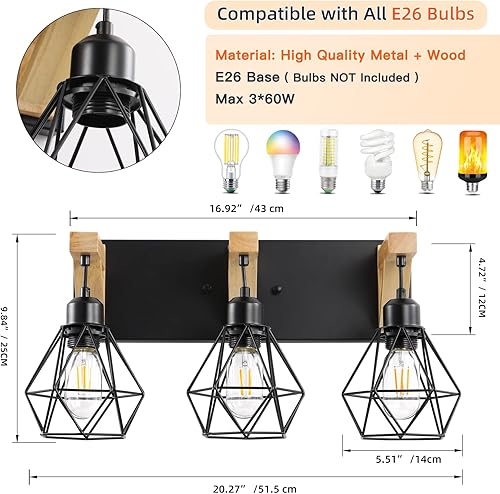 Miniatura 2 de Lámpara de tocador de granja de 3 luces para baño, lámparas de baño de madera sobre el espejo, apliques rústicos de pared con elegante pantalla de