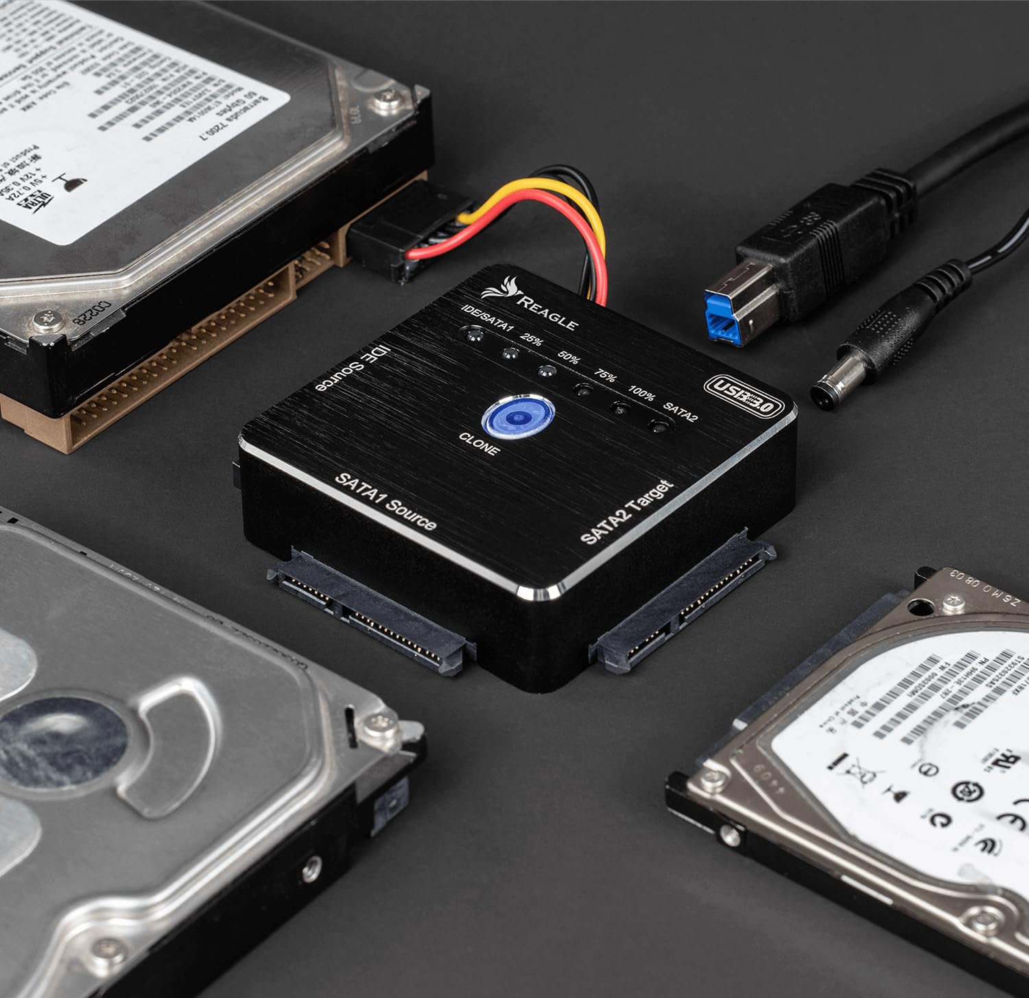 Reagle Adaptador USB SATA IDE con Función de Clonación Offline, Convertidor HDD SSD hasta 16TB, USB 3.2 Gen 1 5Gb/s, para Discos 2,5 y 3,5 Pulgadas SATA I/II/III IDE, Lectores CD DVD, Windows Mac