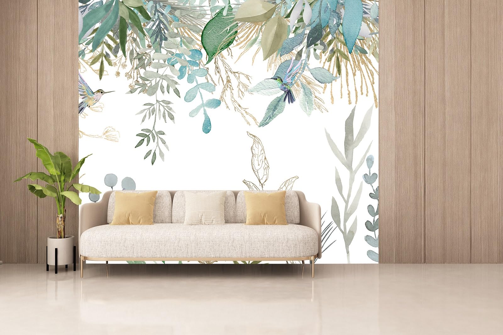 3D Carta da parati tropicale, piante, foglie, uccelli carta da parati panoramica per soggiorno, camera da letto, cameretta dei bambini, decorazione da parete (400 x 280 cm)