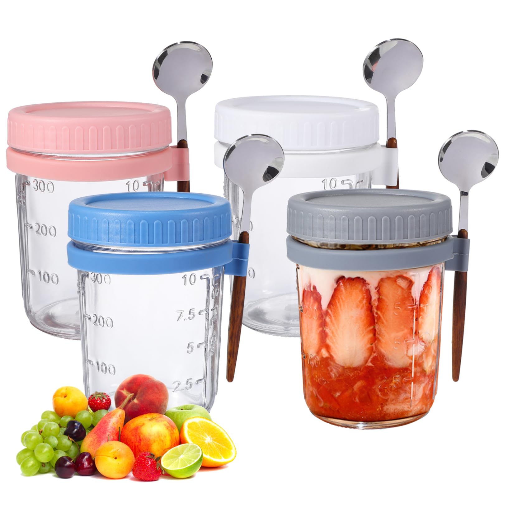 Vorratsdose Glas mit Holzdeckel 4 Stück 400ml Luftdichtes Aufbewahrungsglas mit Löffel für Müsli Büro und Wohnheim